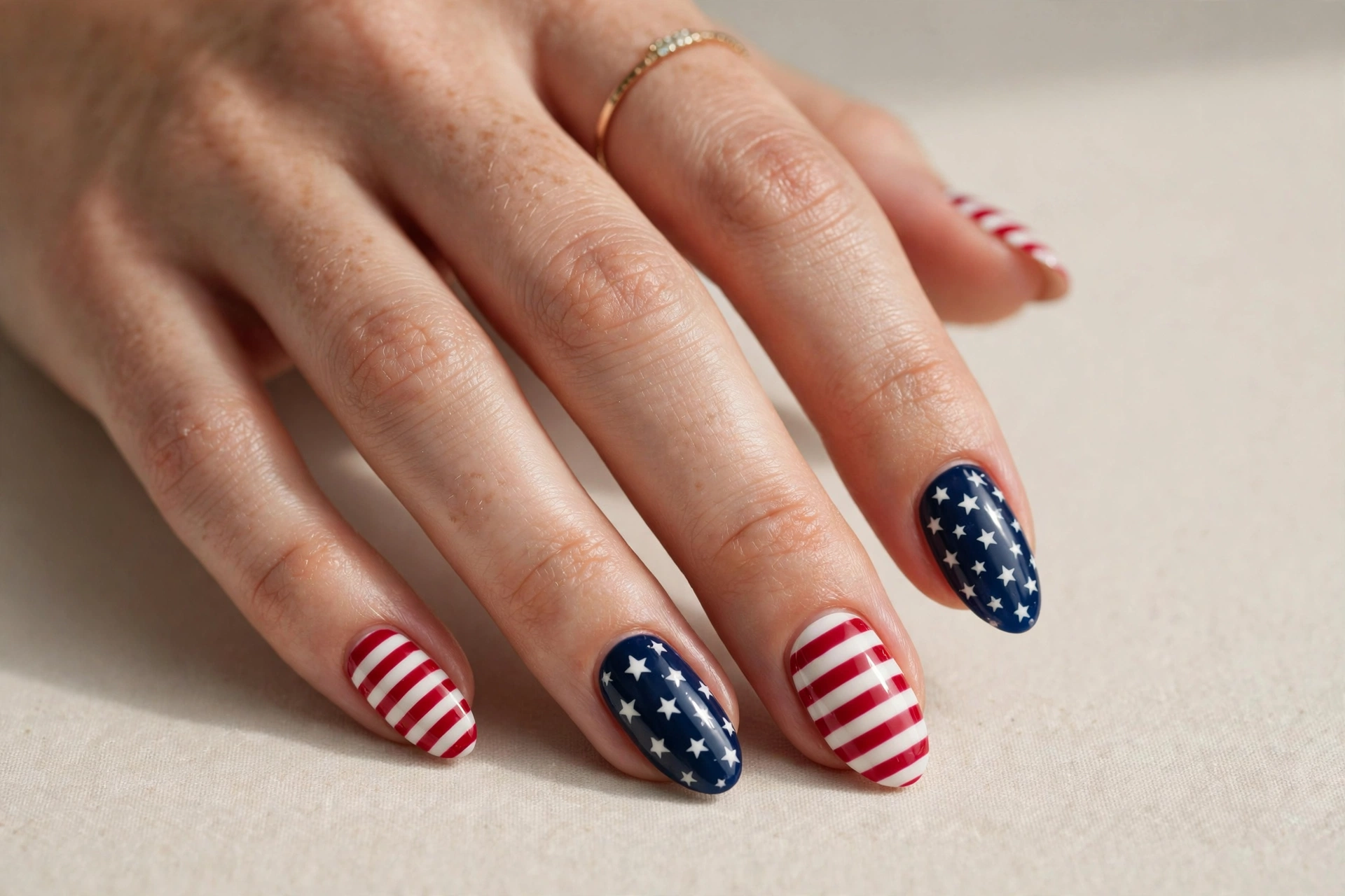 Close-up of almond nails with classic American flag nail art design