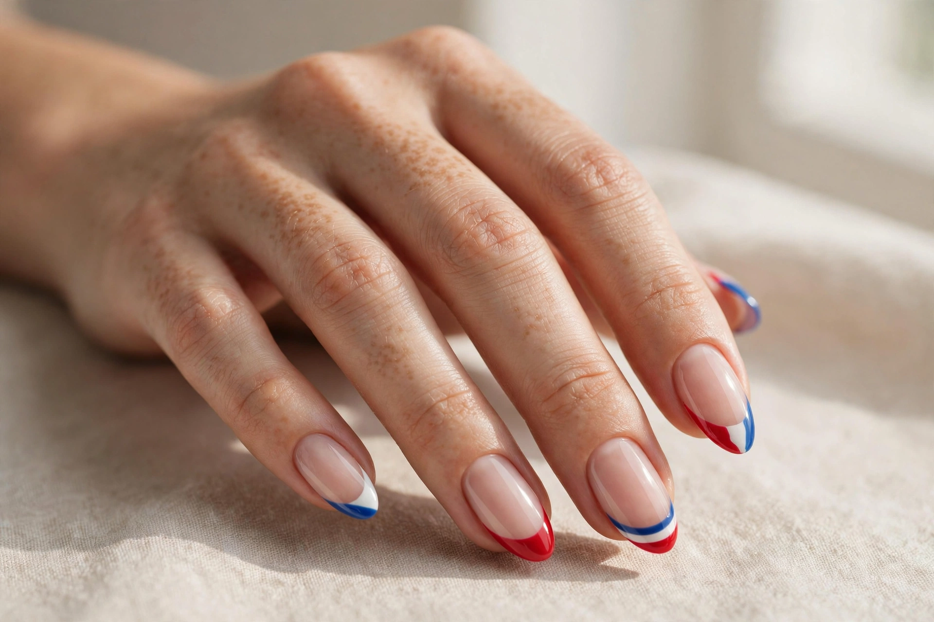 Almond nails with red white and blue French tip manicure