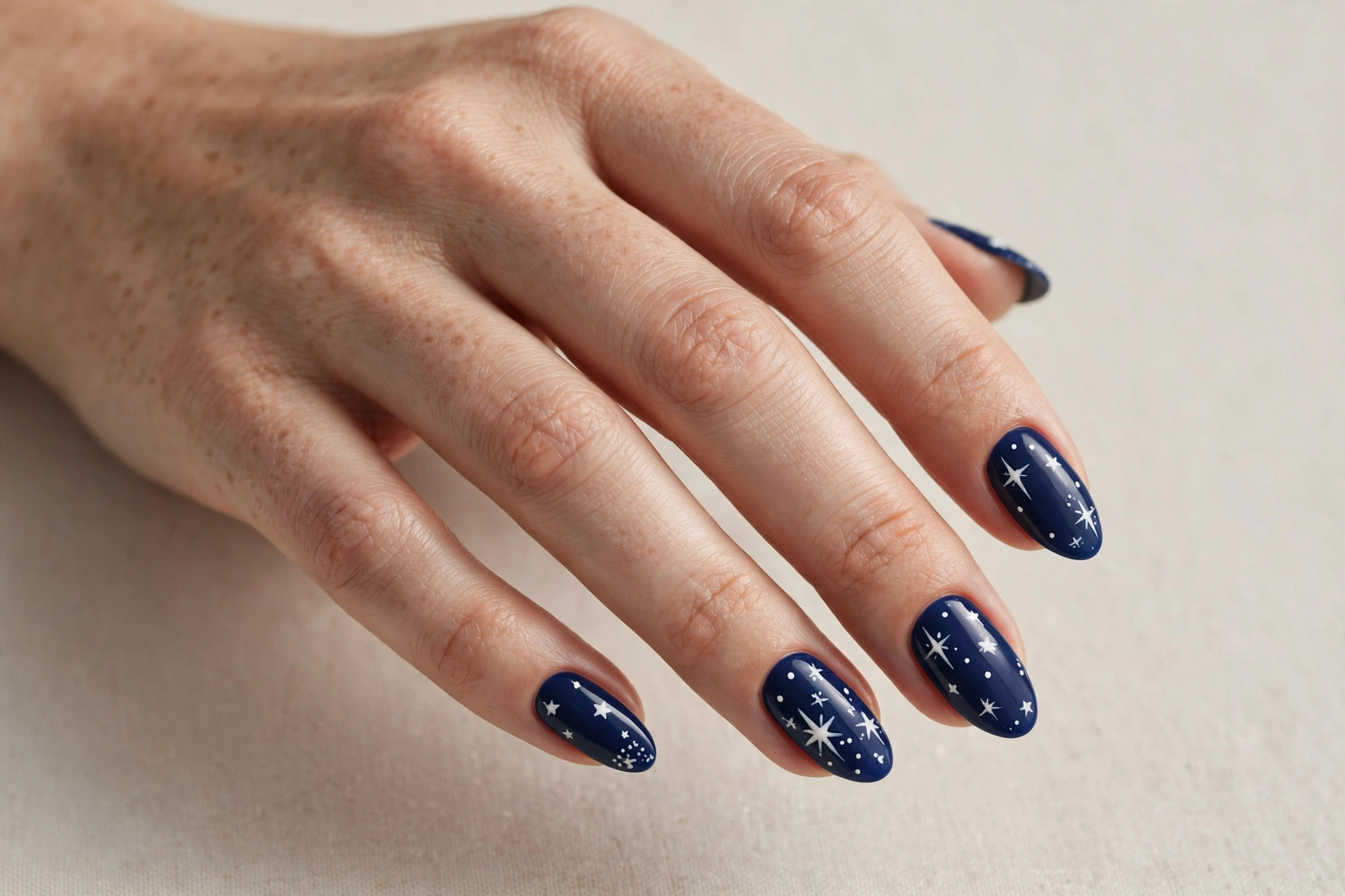 Navy blue almond nails with hand-painted white stars