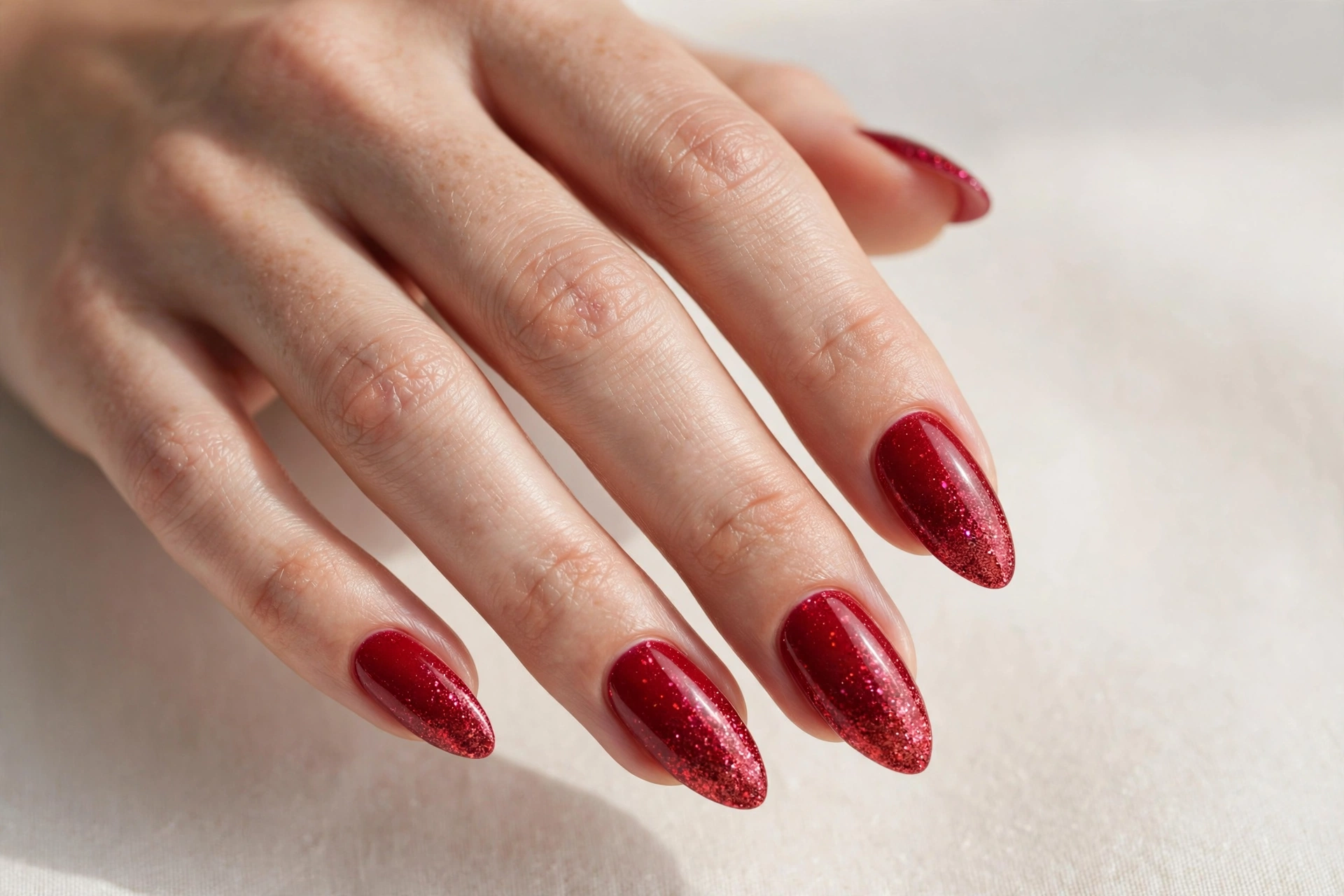 Red glitter ombre manicure on almond shaped nails