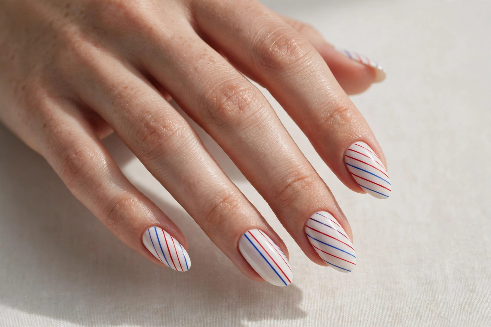 White almond nails with thin red and blue diagonal stripe nail art