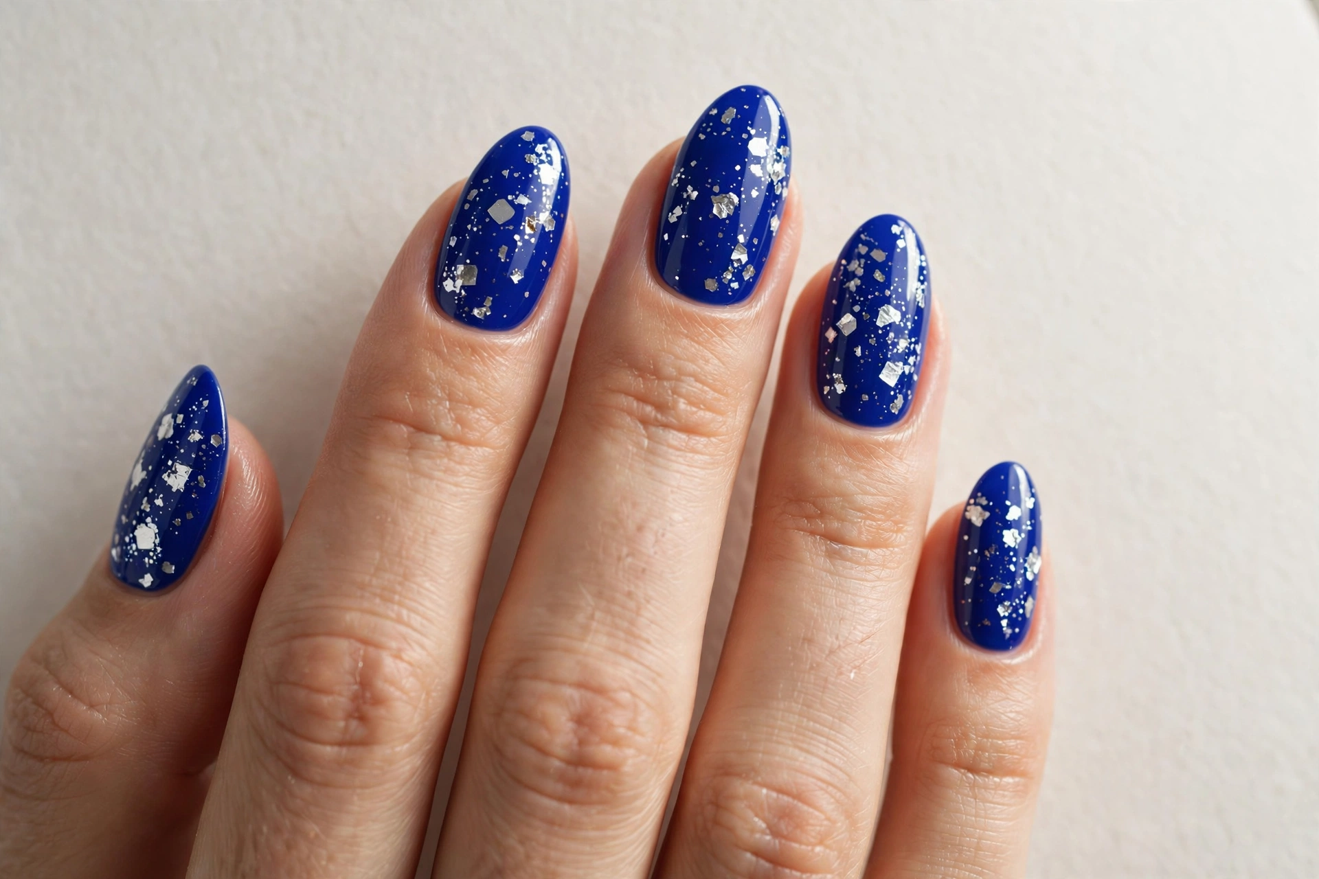 Royal blue almond nails with silver confetti sparkle nail art
