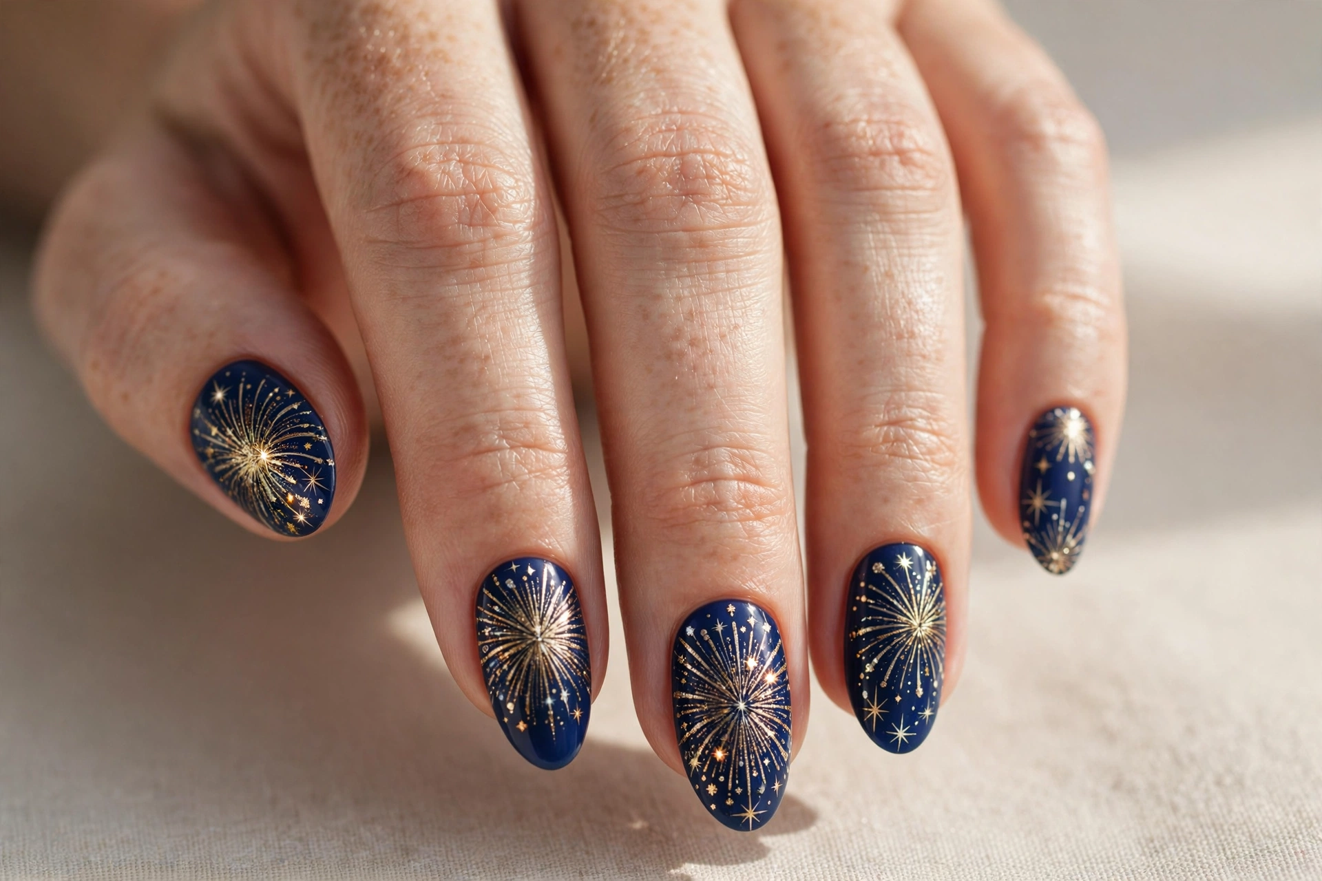 Firework burst nail art on navy blue almond nails