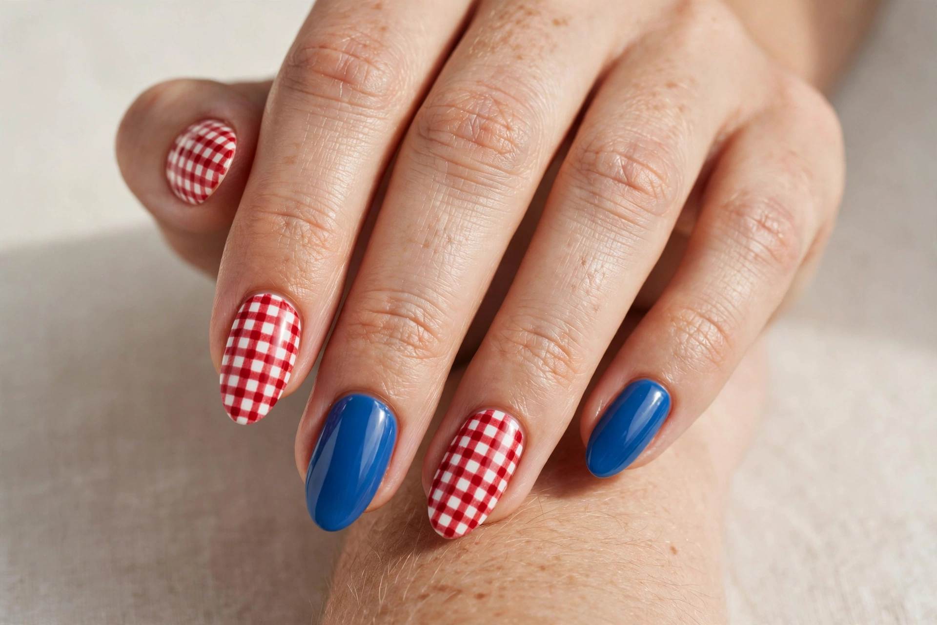 Red and white gingham check nail art with blue accent nails
