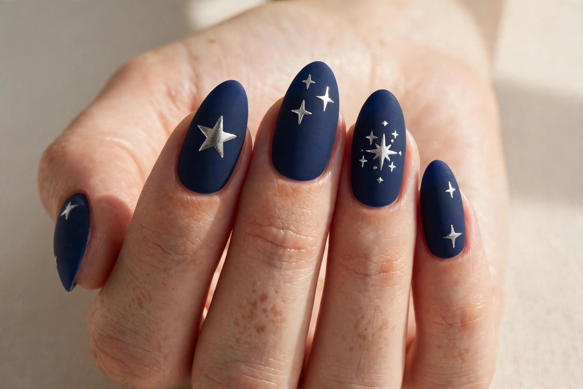 Matte navy almond nails with metallic silver star nail art