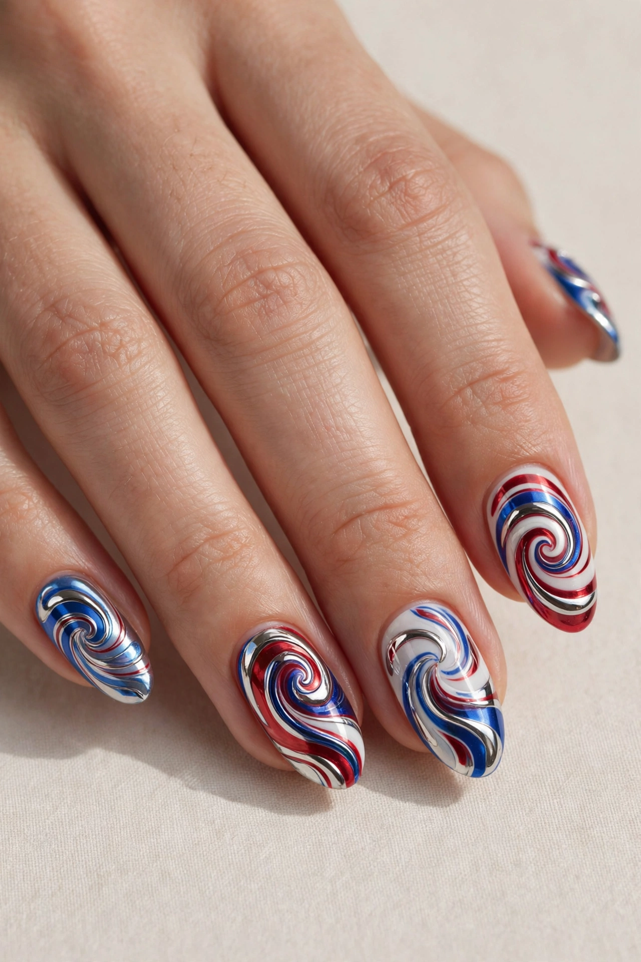 Chrome swirl nail art in red white and blue