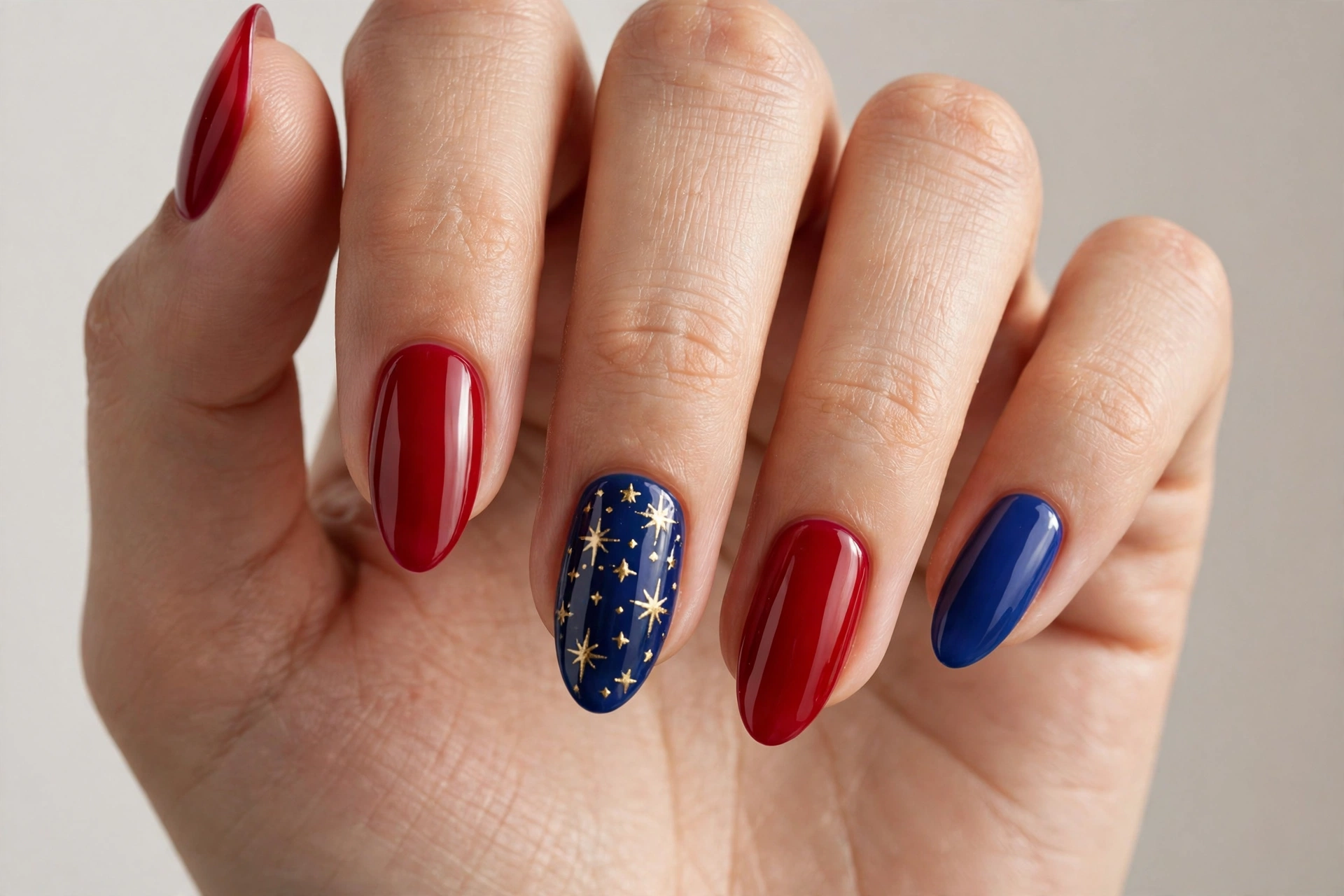 Star-spangled accent nails with solid red and blue manicure
