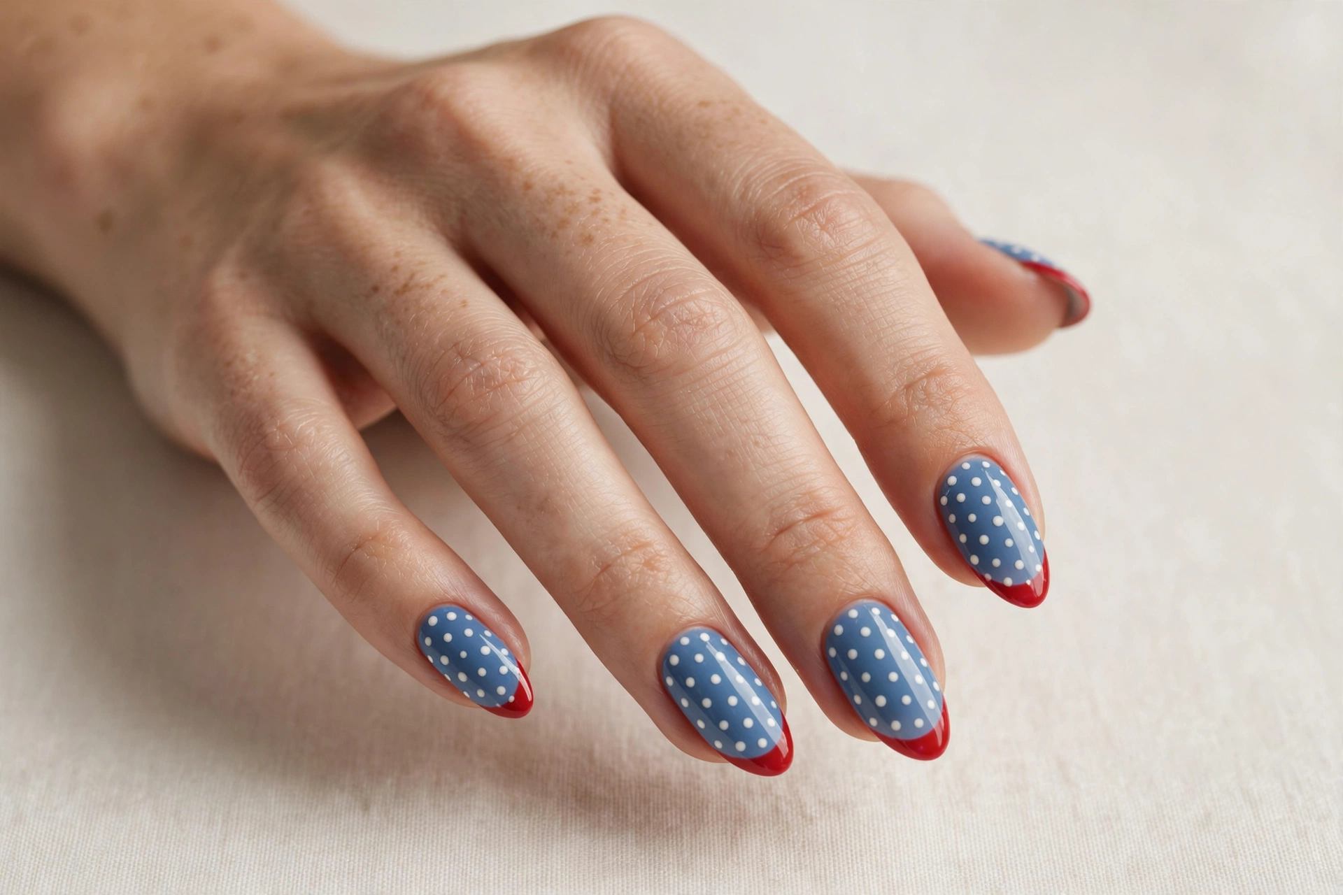 Blue and white polka dot nail art with red tips