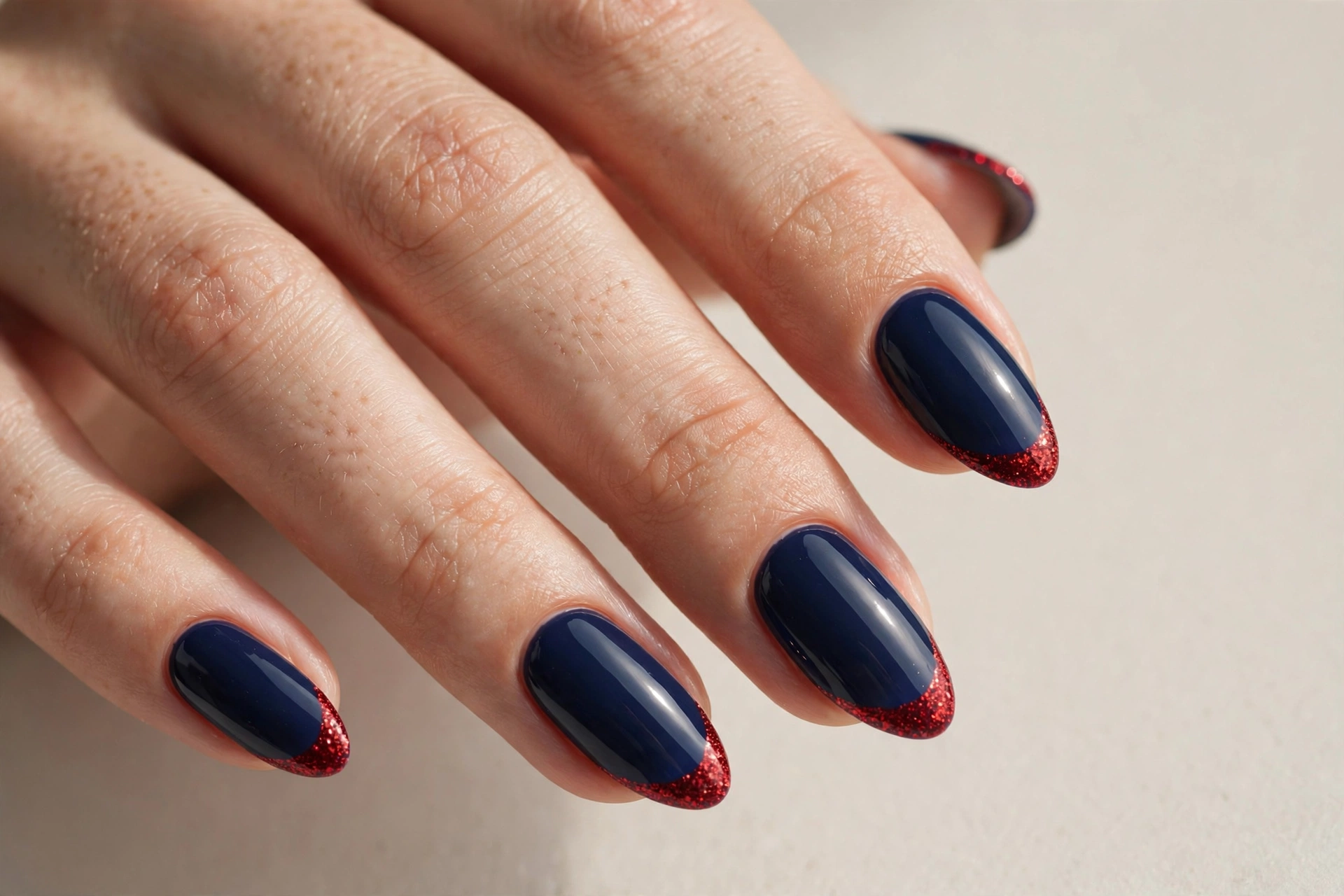 Navy blue almond nails with red glitter tips