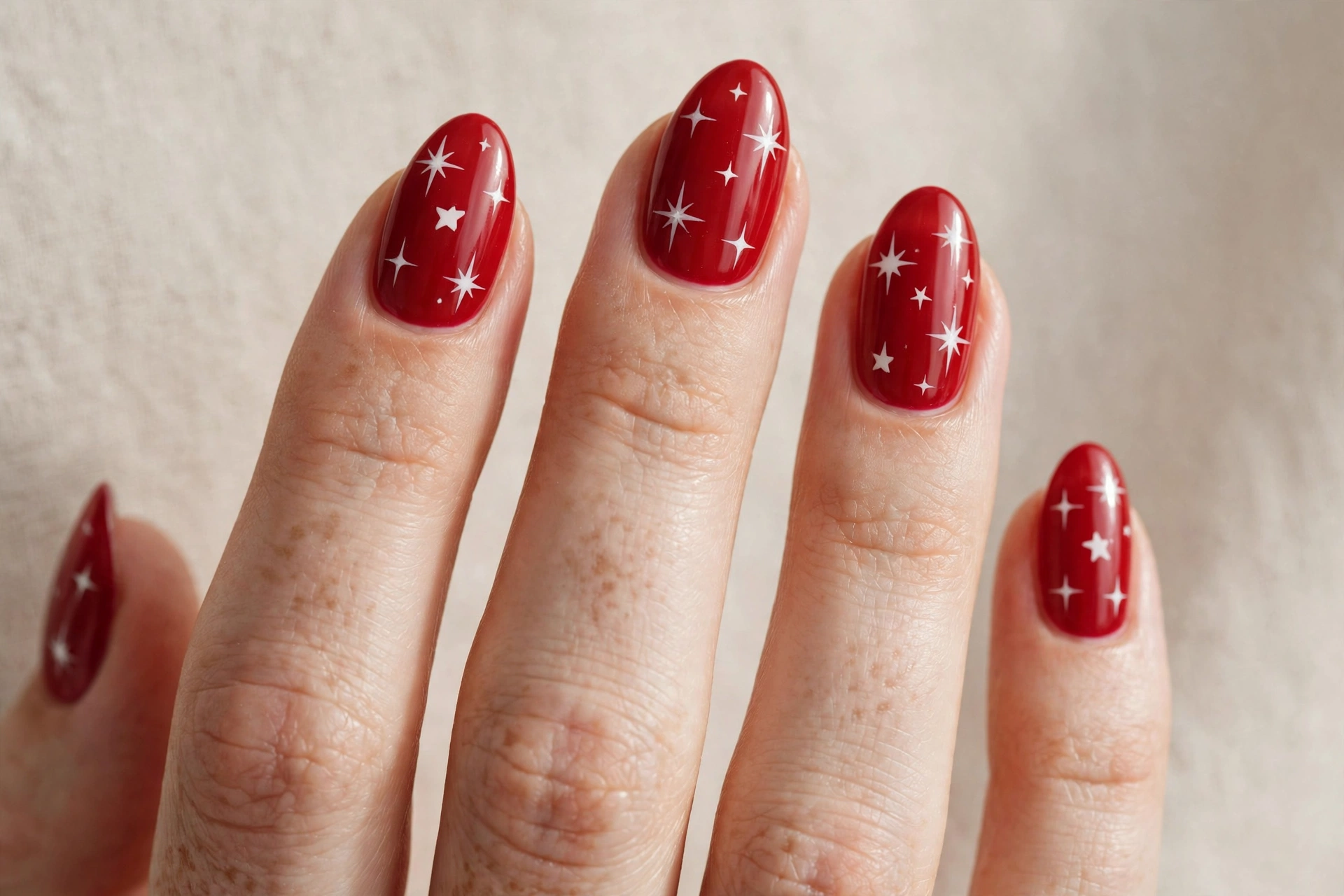 White stars on cherry red almond nails