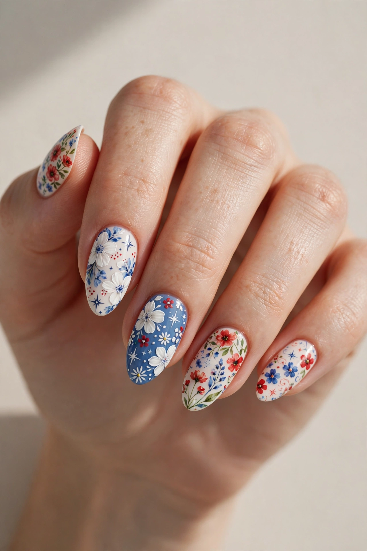 Patriotic floral nail art in red white and blue tones