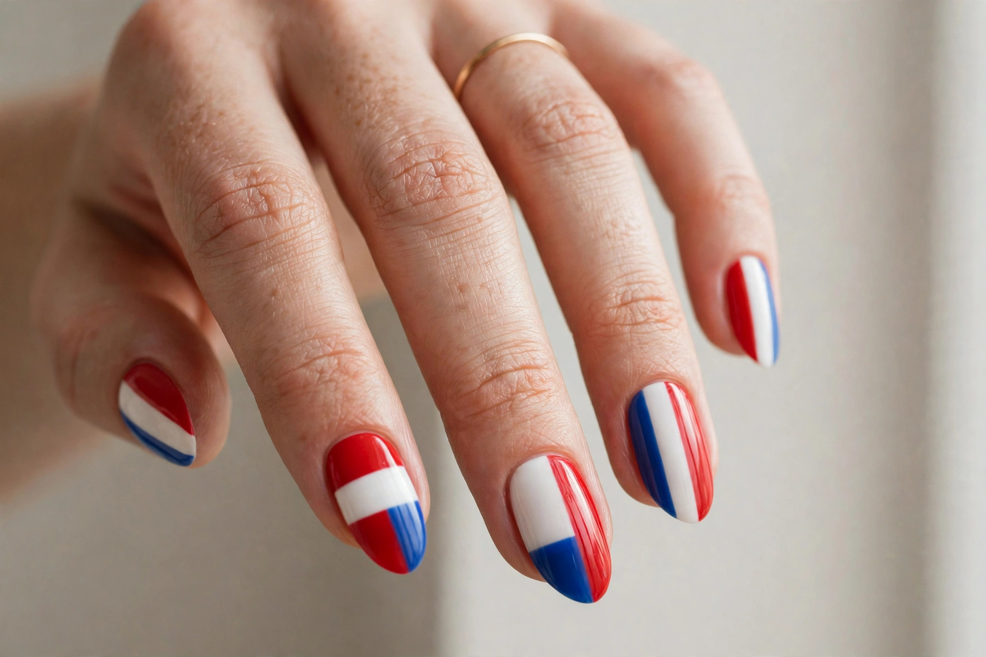 Red white and blue color block nail art