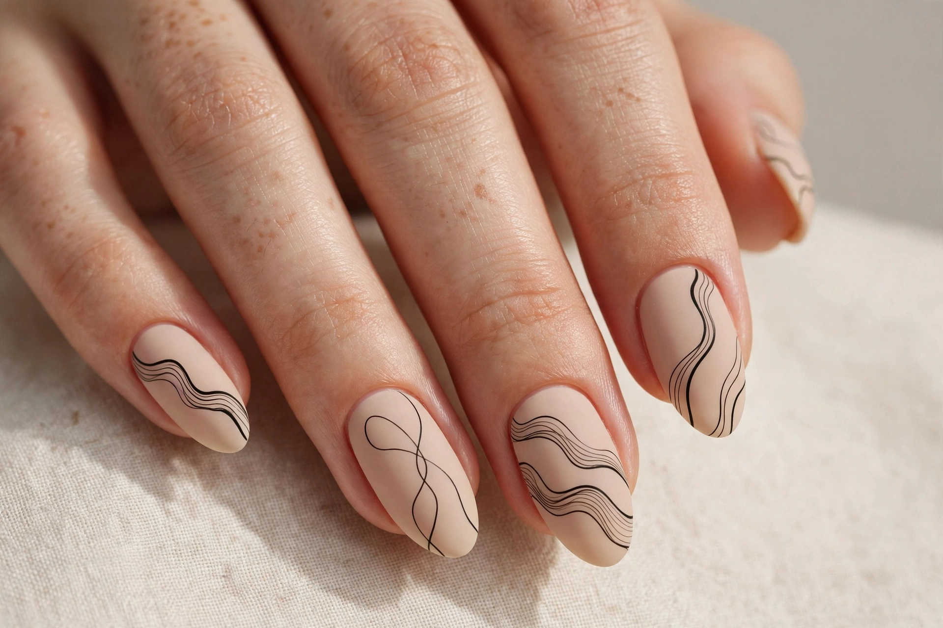 Wavy black line art drawn over nude beige almond nails