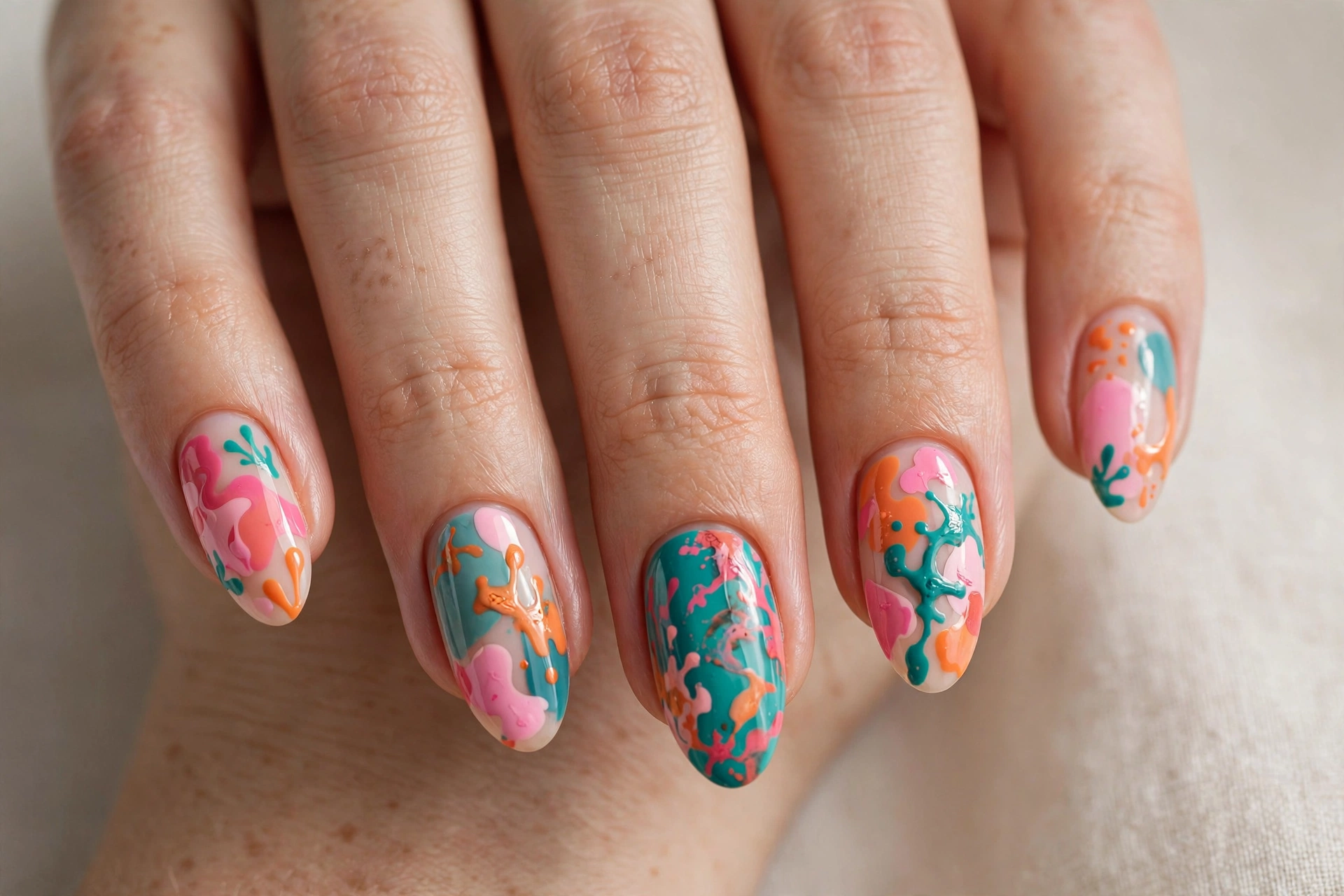 Colorful abstract blob shapes in pink, orange and teal on almond nails