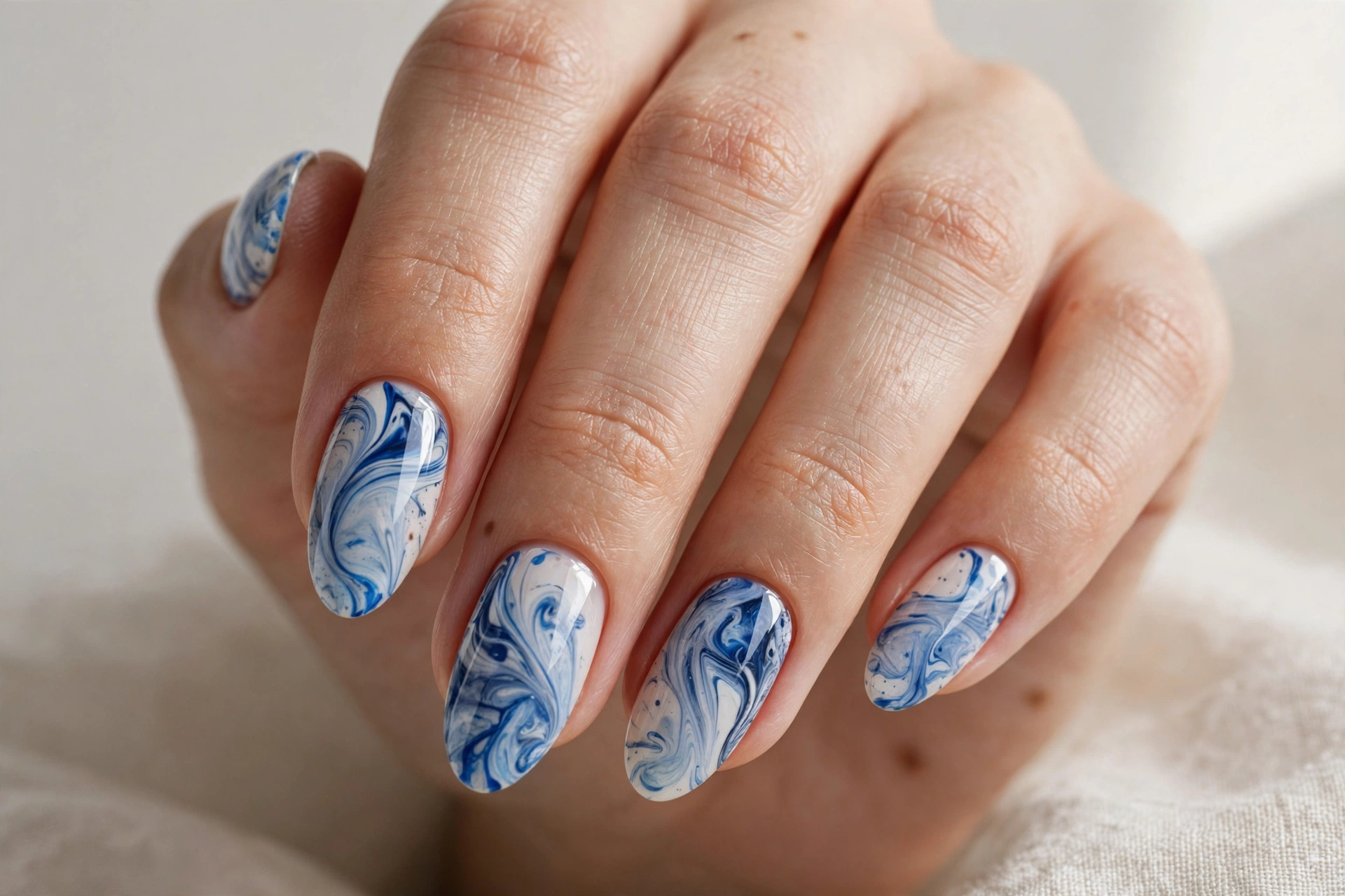 Blue and white marbled ink swirl abstract nail art on almond nails