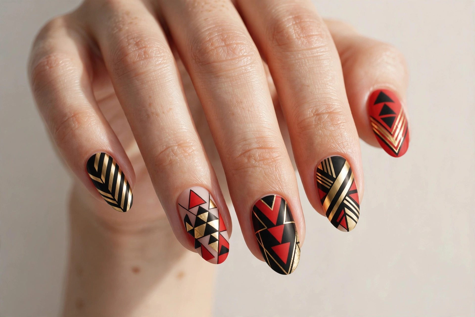 Geometric triangles and stripes in red, black and gold abstract nails