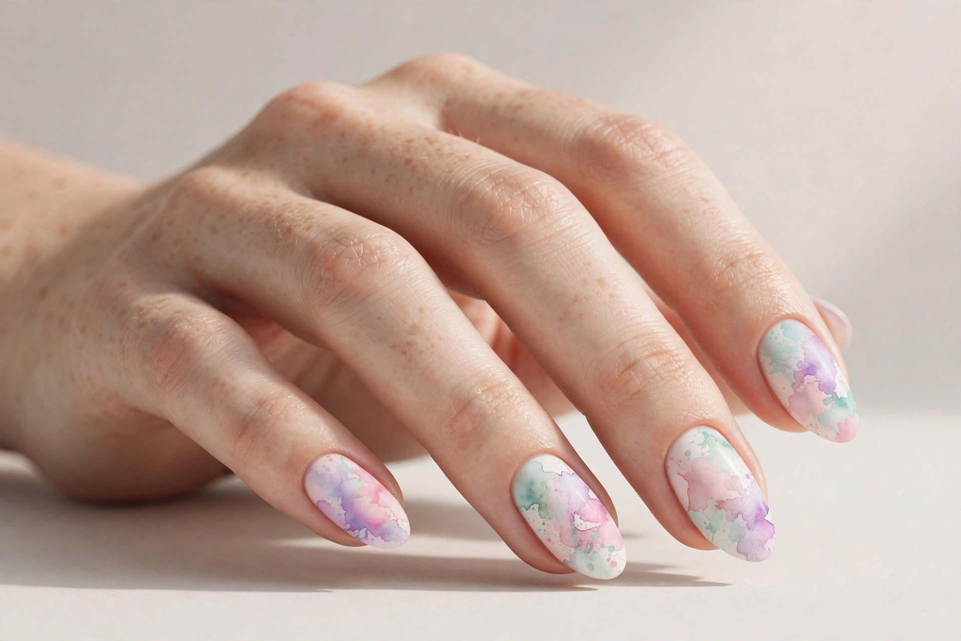 Pastel watercolor wash in lilac, mint and blush abstract nail art