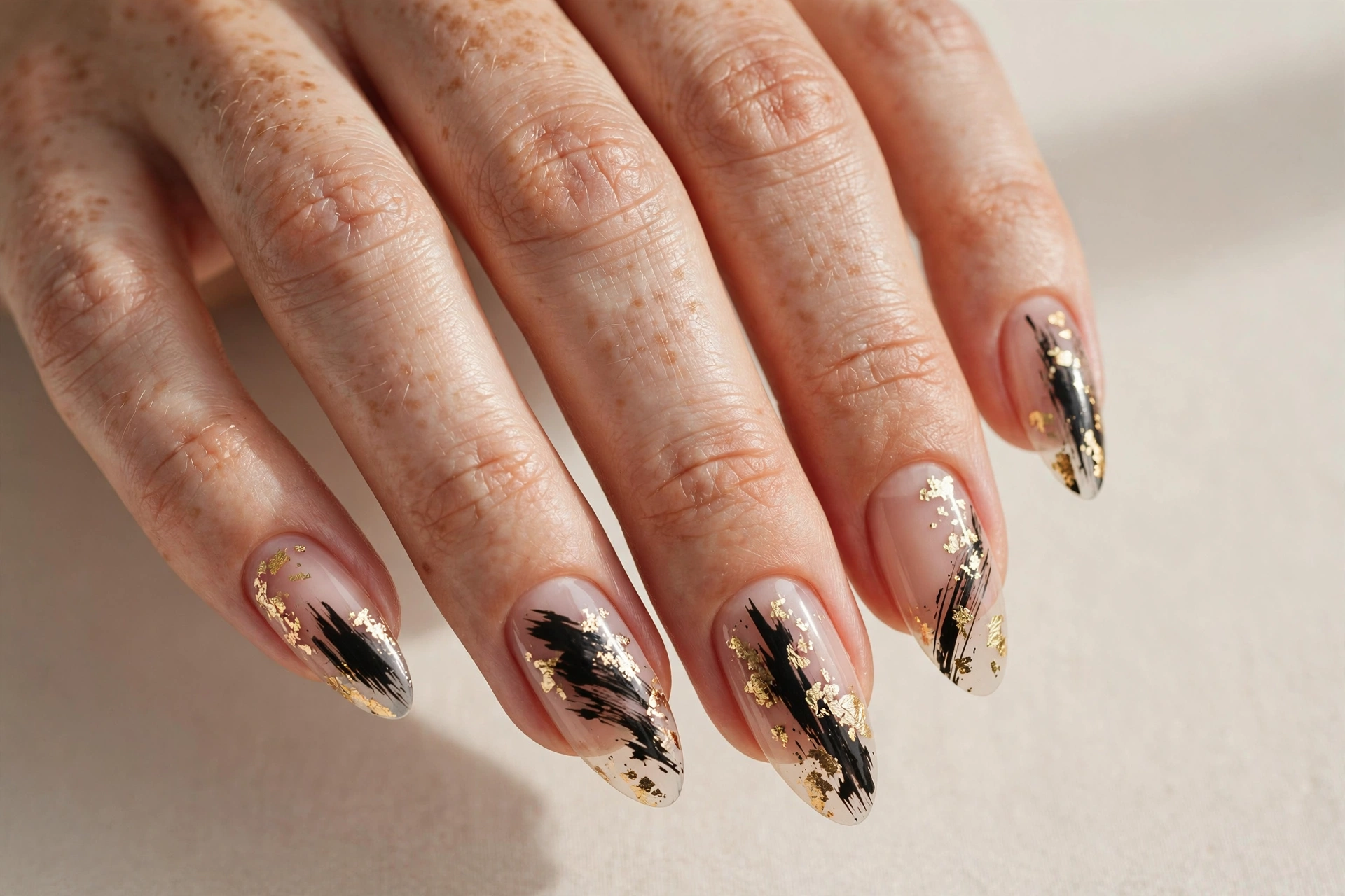 Gold foil flakes and black brush strokes on nude almond nails