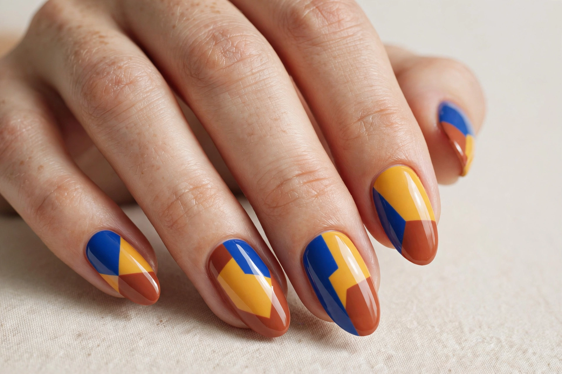 Bold color block sections in cobalt blue, mustard yellow and terracotta