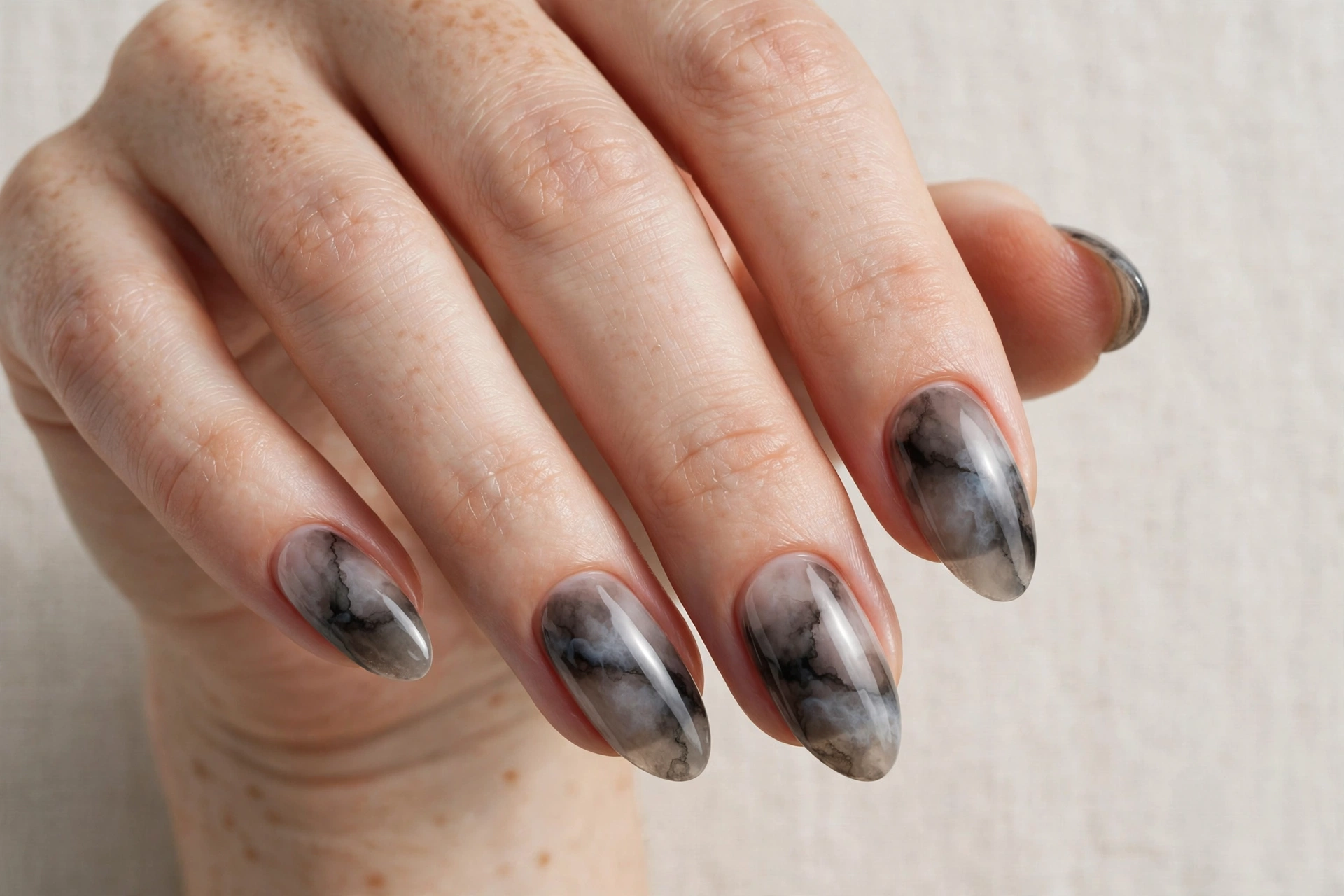 Smokey gray and charcoal cloudy abstract nail art