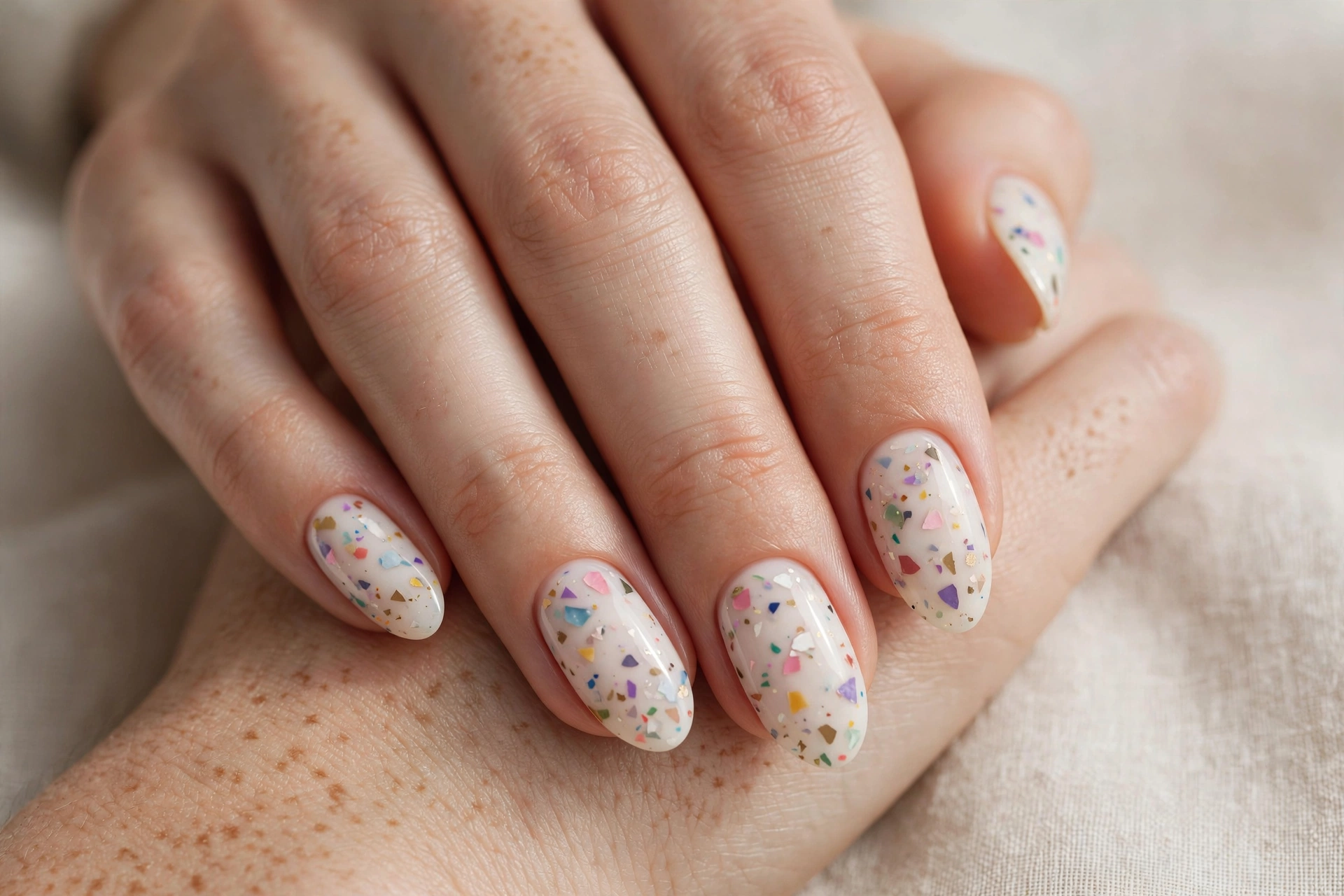 Terrazzo chip abstract nails with colorful fragments on milky white