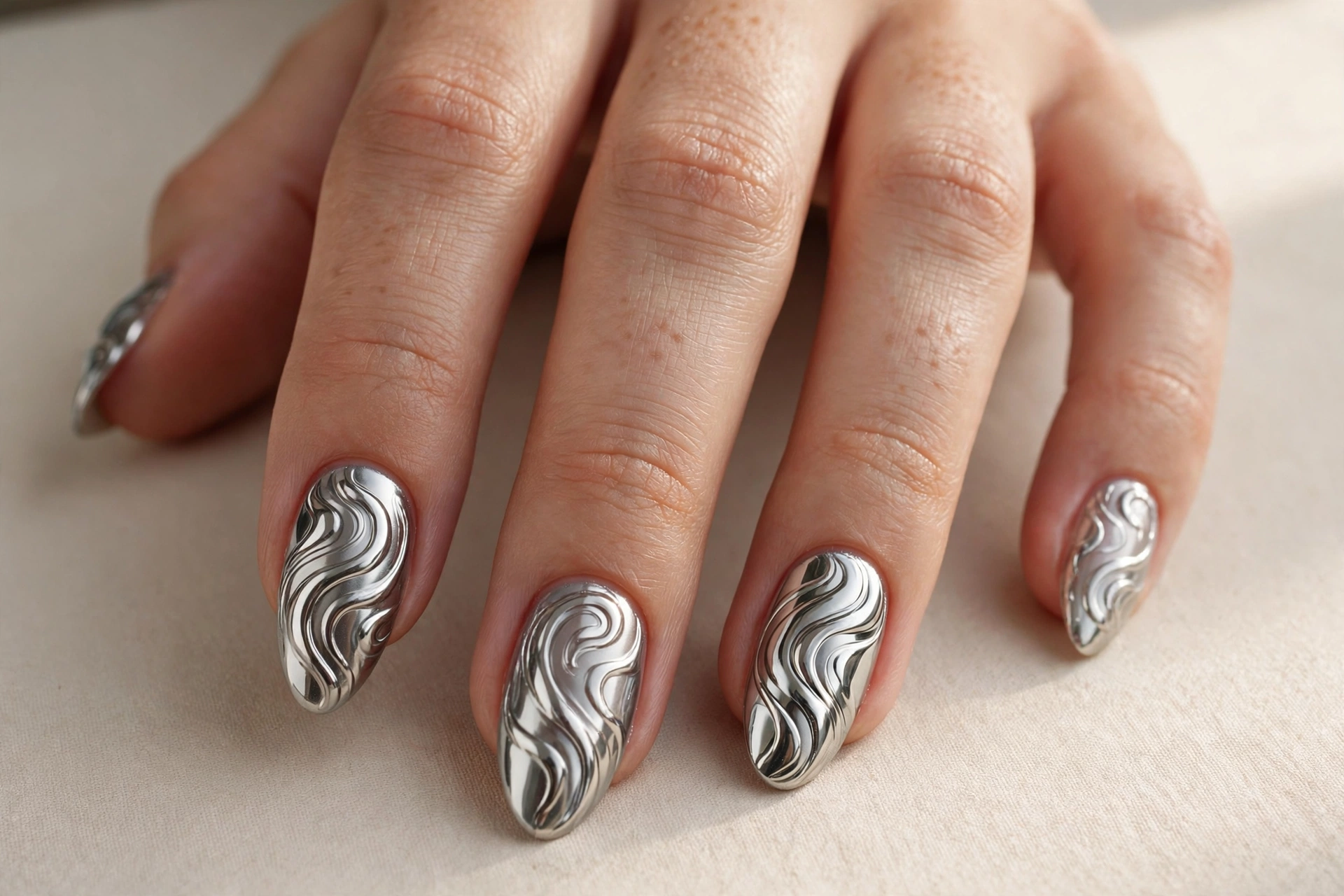 Metallic silver chrome wave abstract manicure with mirror swirls