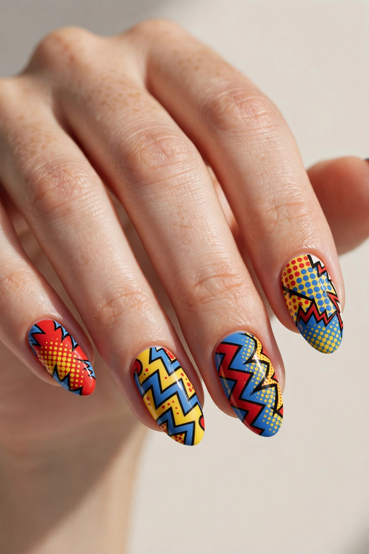 Pop art abstract nails with dots and zigzags in red yellow and blue