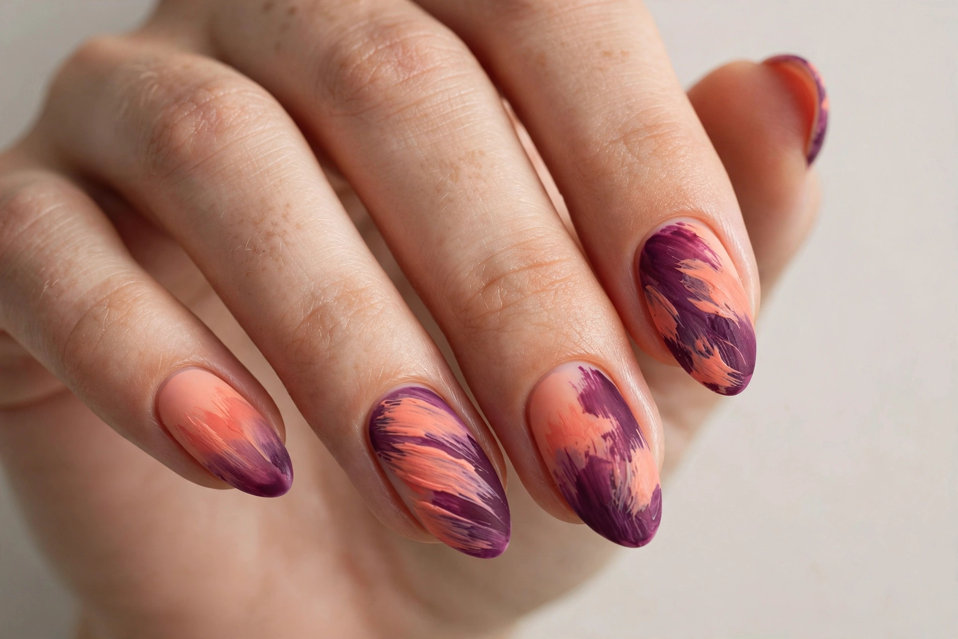 Sunset ombré abstract nails blending coral, peach and plum brush strokes