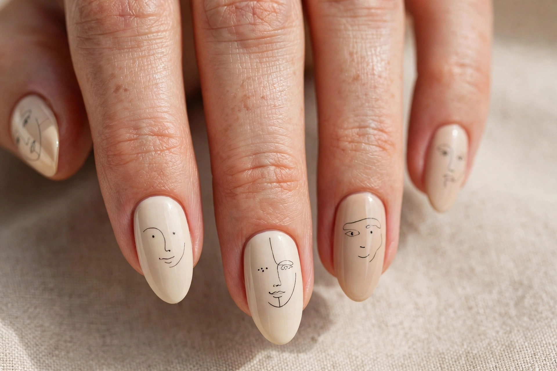Minimalist face line drawings on creamy beige abstract nails