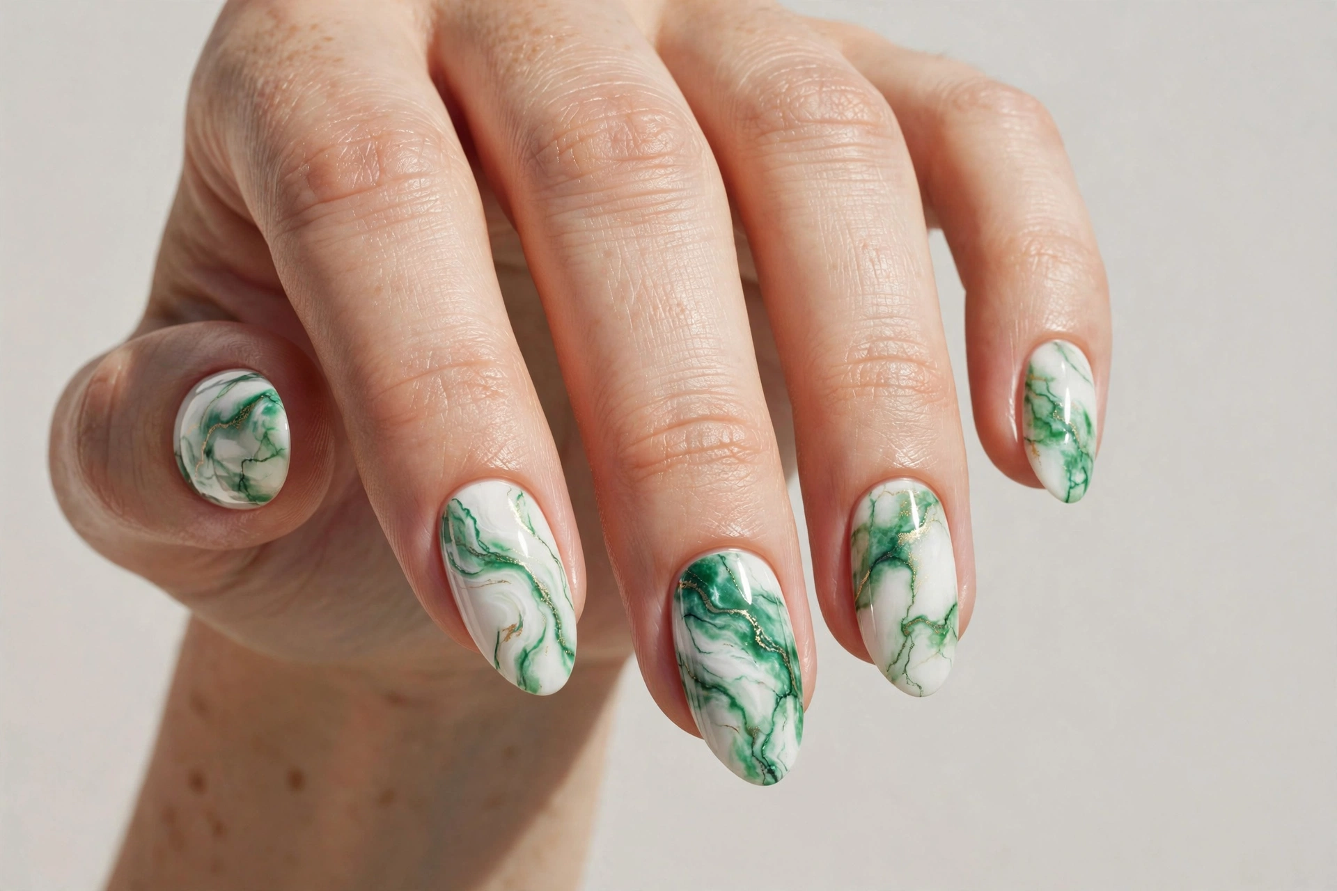 Green jade and emerald marble veins on white abstract nails