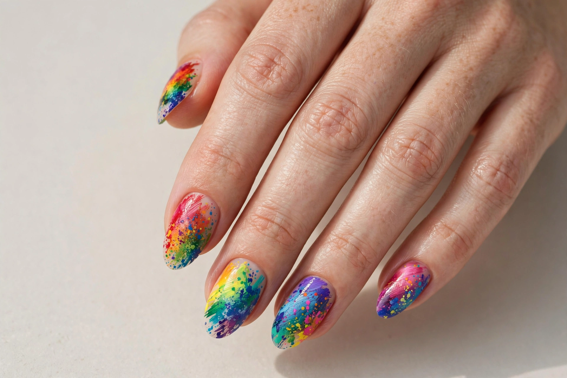 Rainbow color splash abstract nails with vivid painterly strokes