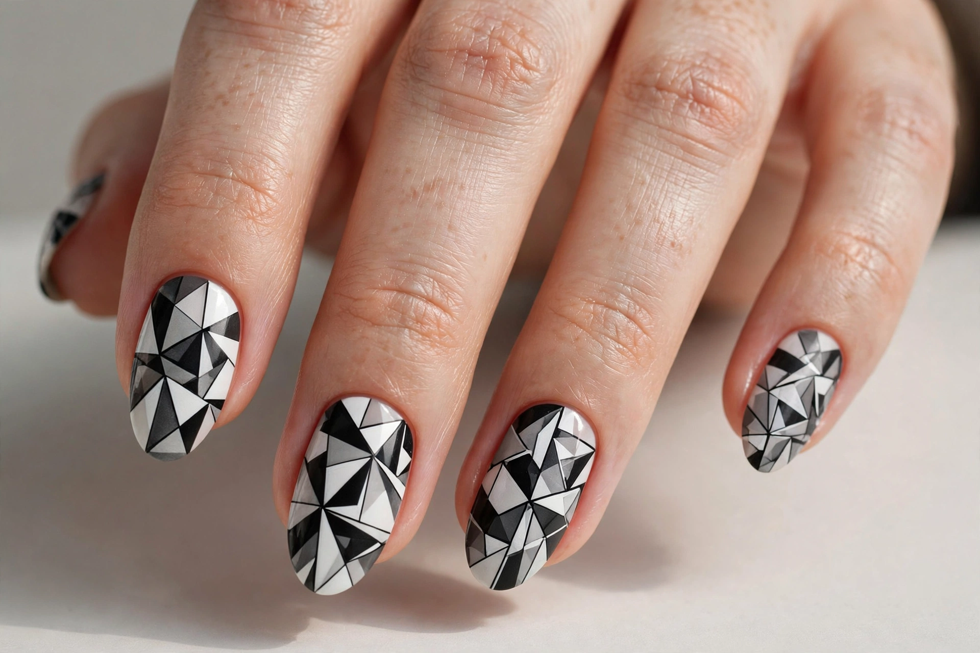 Cubist monochrome abstract nails with fractured black white gray shapes