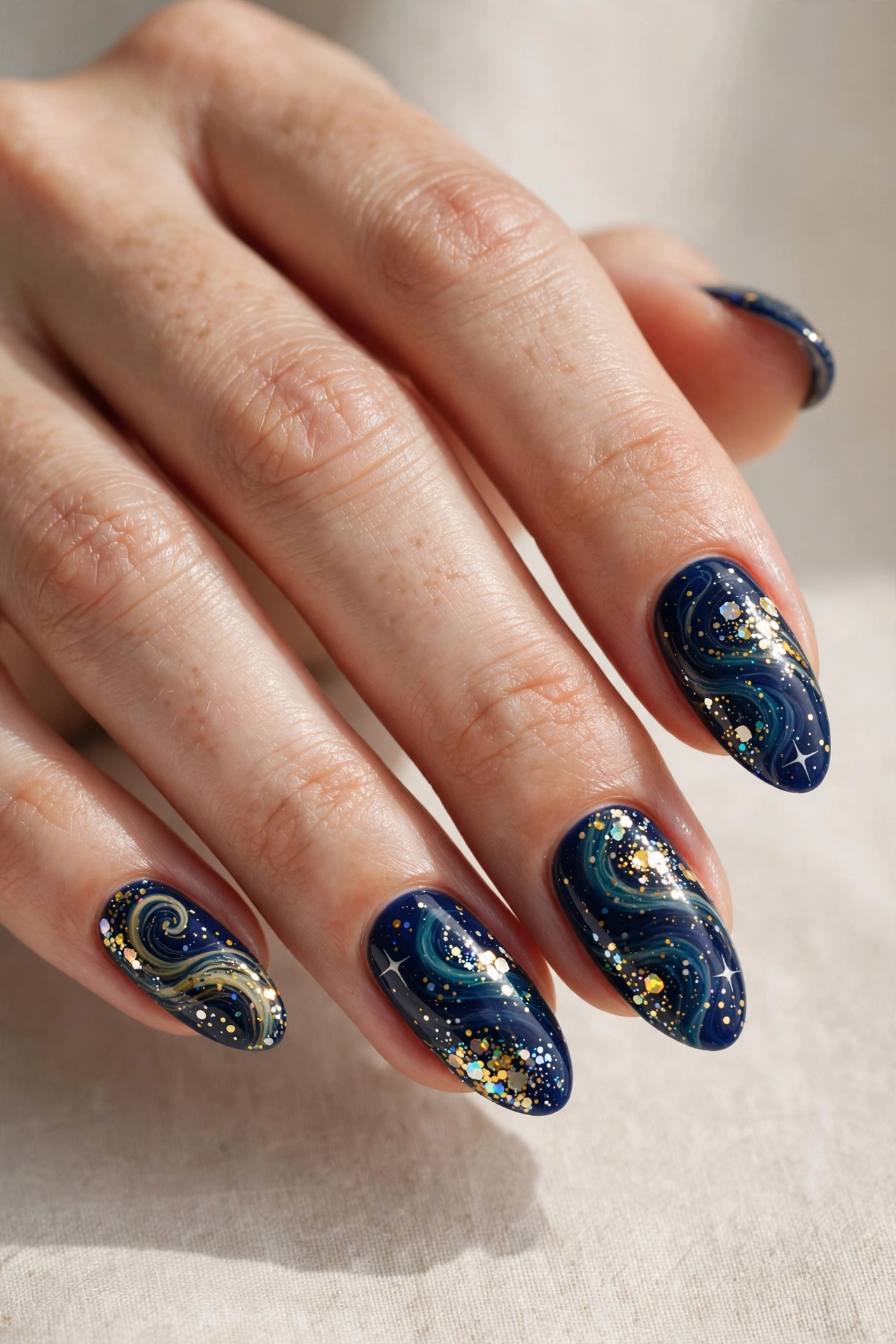 Starry night swirls with glitter on navy abstract nails