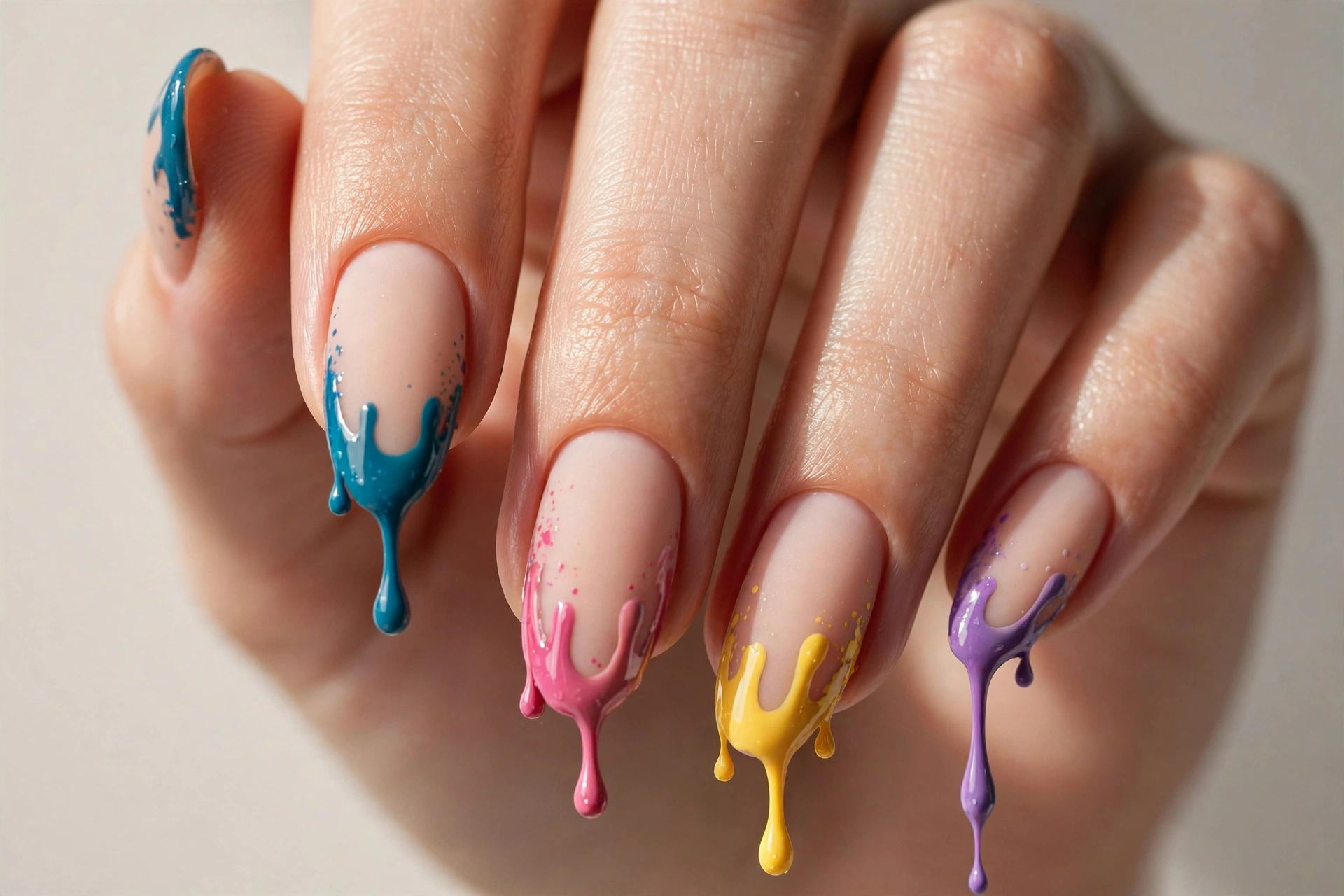 Dripping paint abstract nails with glossy colorful drips on matte nude