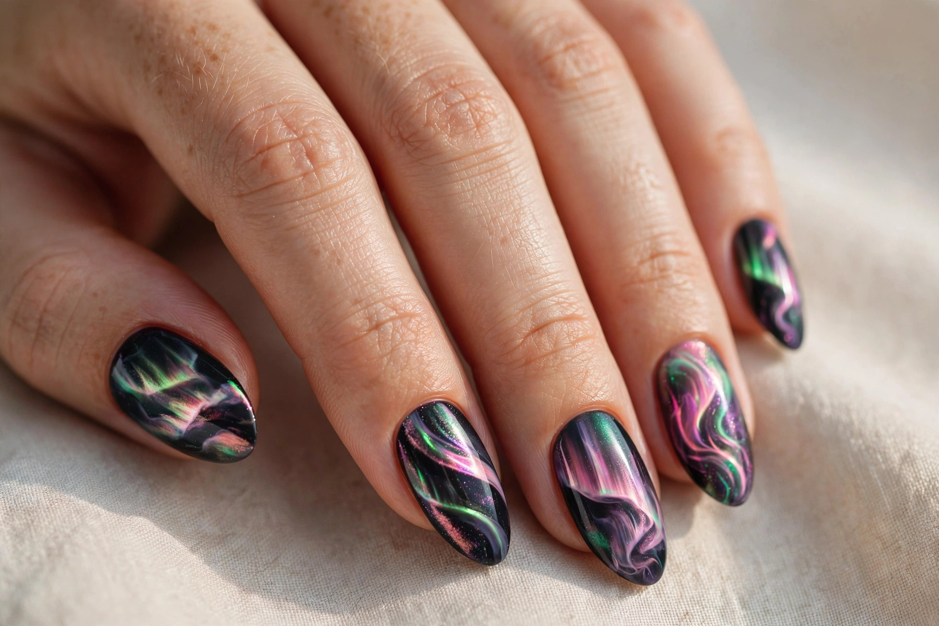 Aurora borealis abstract nails with iridescent streaks on dark base