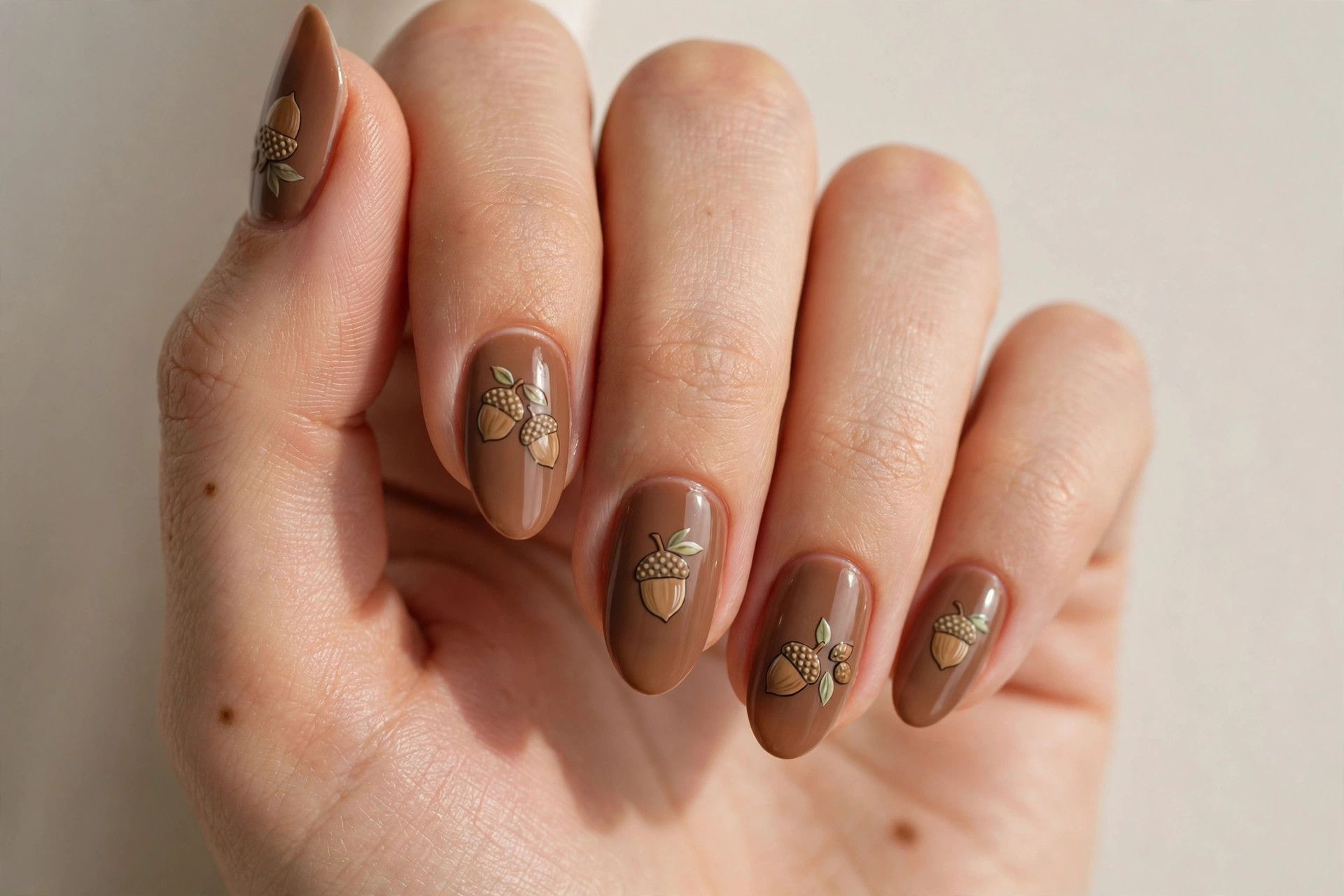 Close-up of a woman's hand with cute little acorn nail art on warm brown fall manicure on almond shaped nails