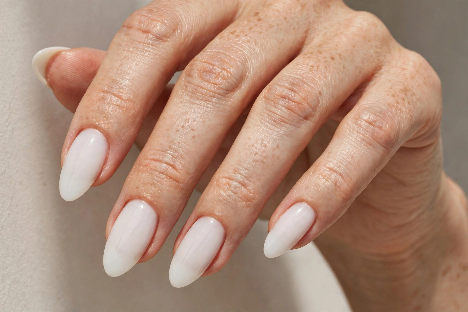 Close-up of a woman's hand with milky white almond-shaped acrylic nails