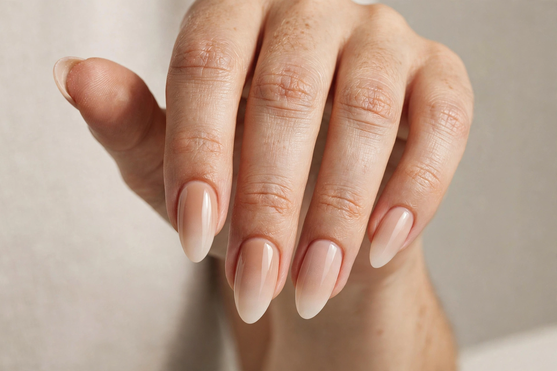 Close-up of a woman's hand with nude ombre almond-shaped acrylic nails