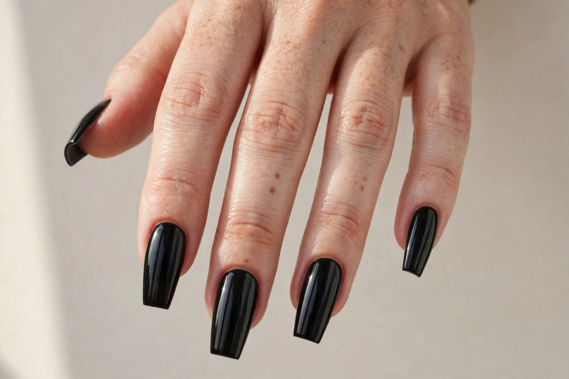 Close-up of a woman's hand with glossy black coffin-shaped acrylic nails