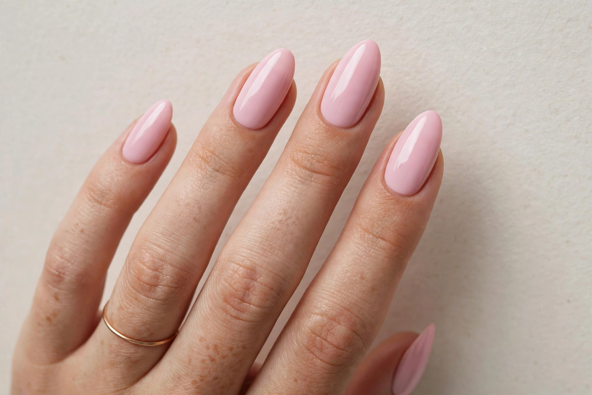 Close-up of a woman's hand with baby pink almond-shaped acrylic nails