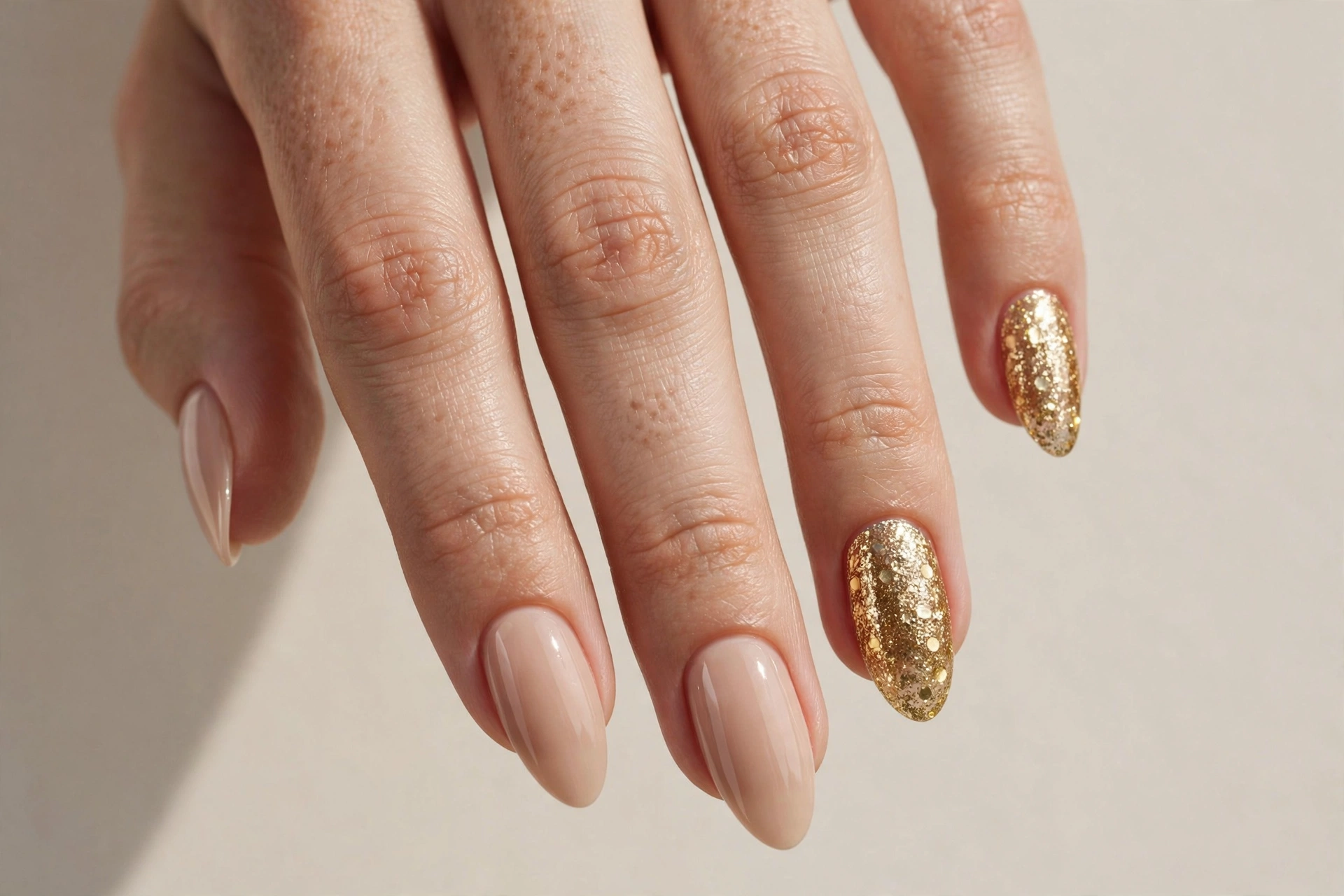 Close-up of a woman's hand with nude almond-shaped acrylic nails and gold glitter accent nails