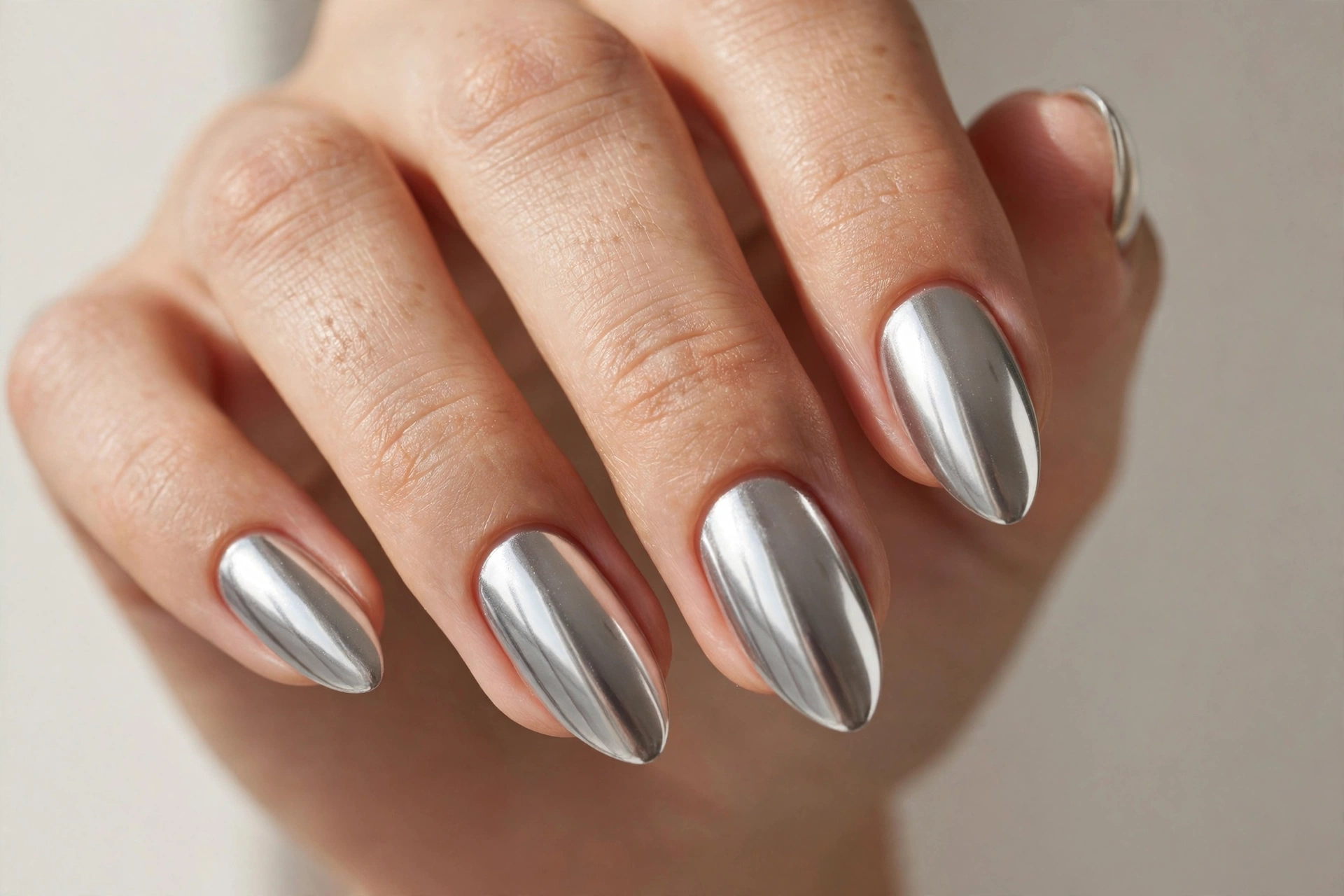Close-up of a woman's hand with mirror chrome silver almond-shaped acrylic nails