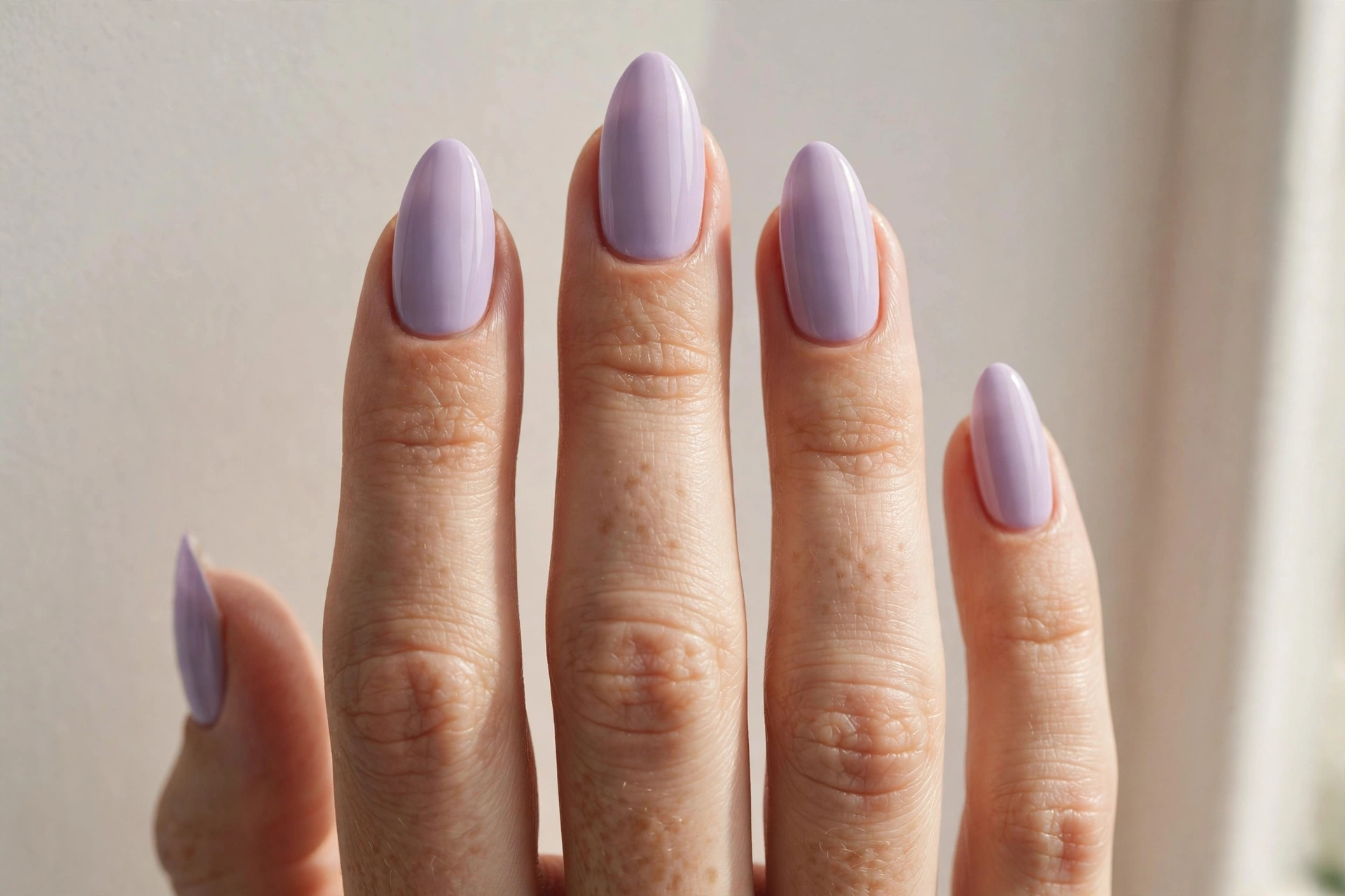 Close-up of a woman's hand with pastel lavender almond-shaped acrylic nails