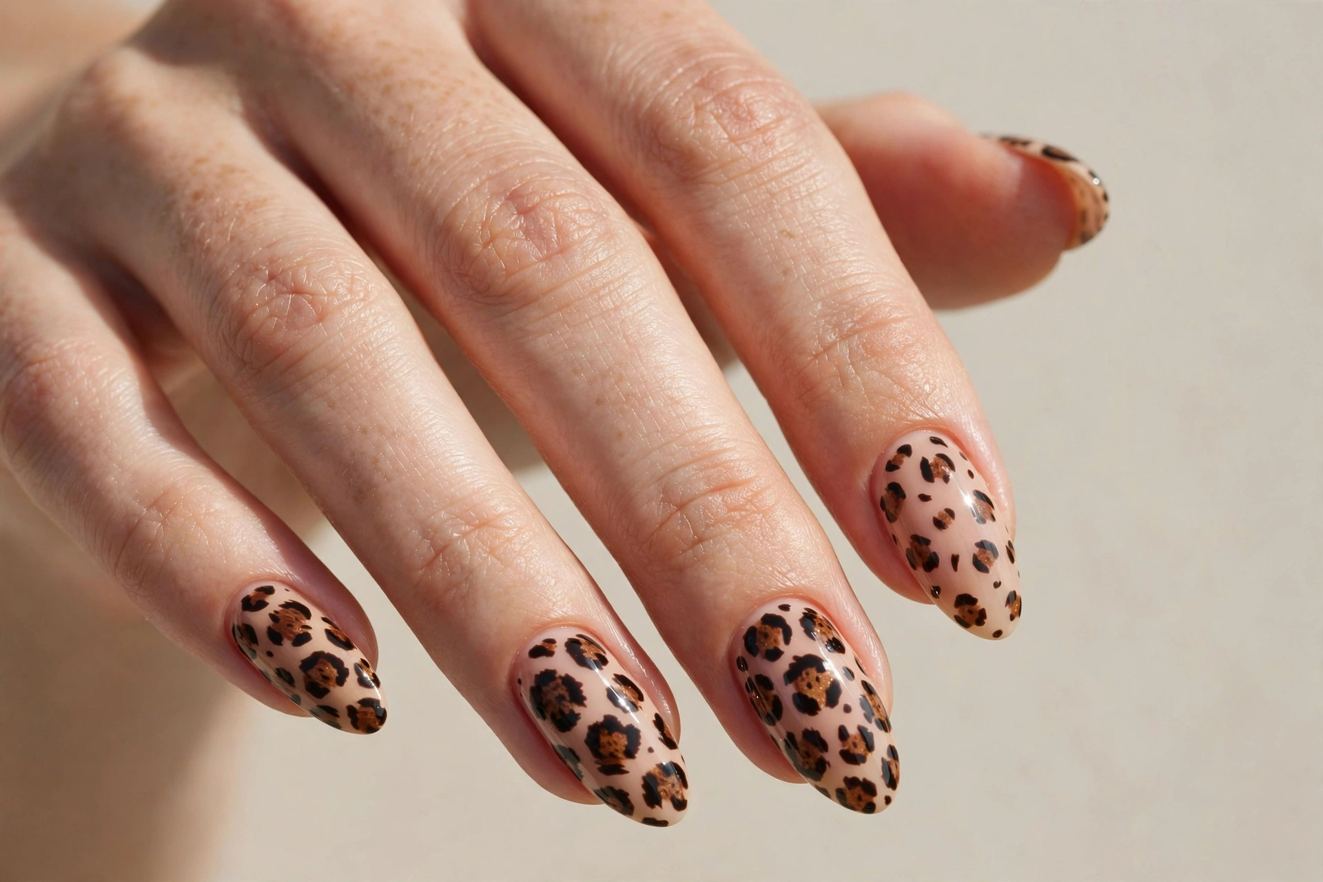 Close-up of a woman's hand with leopard print almond-shaped acrylic nails on a nude base