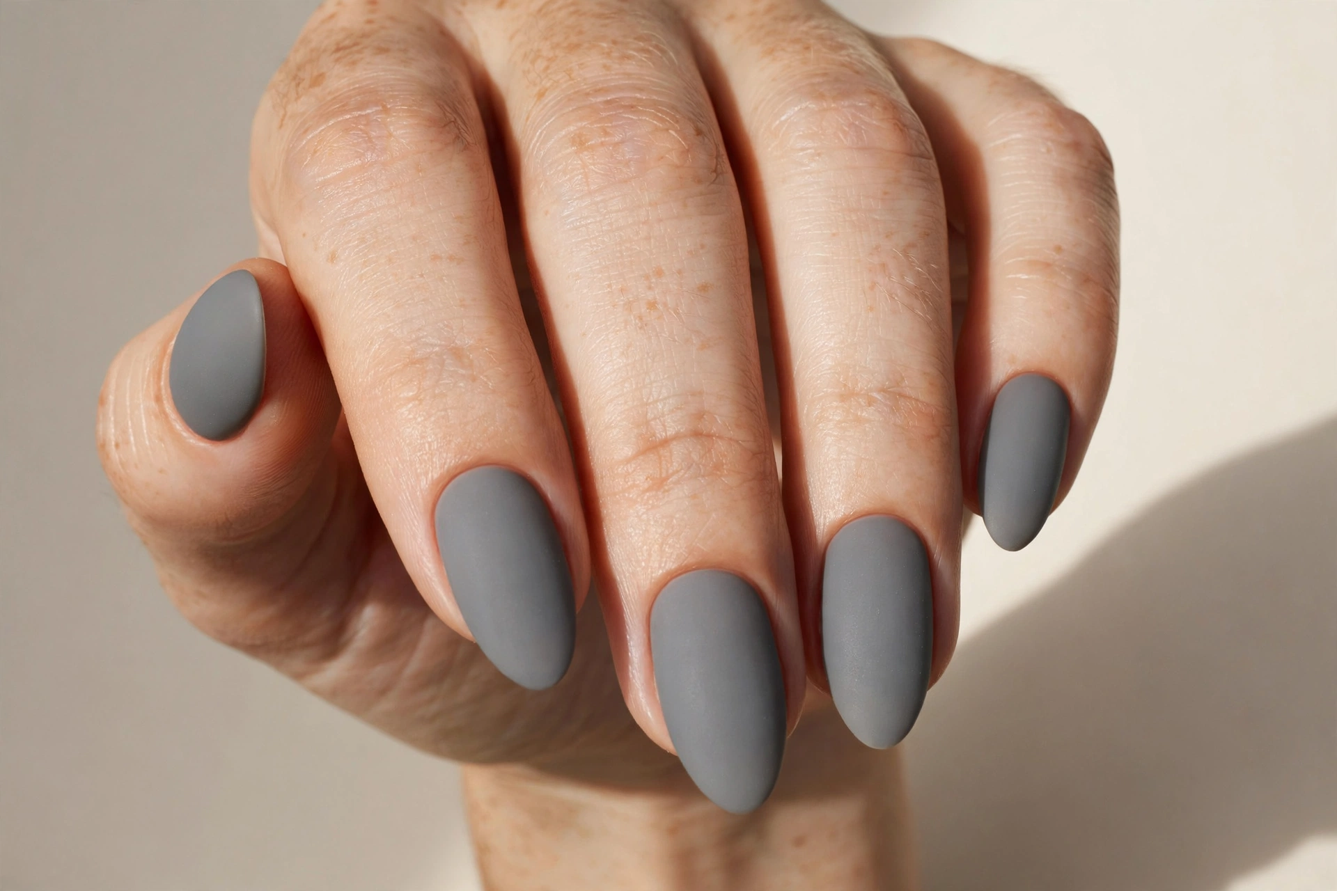 Close-up of a woman's hand with matte grey almond-shaped acrylic nails