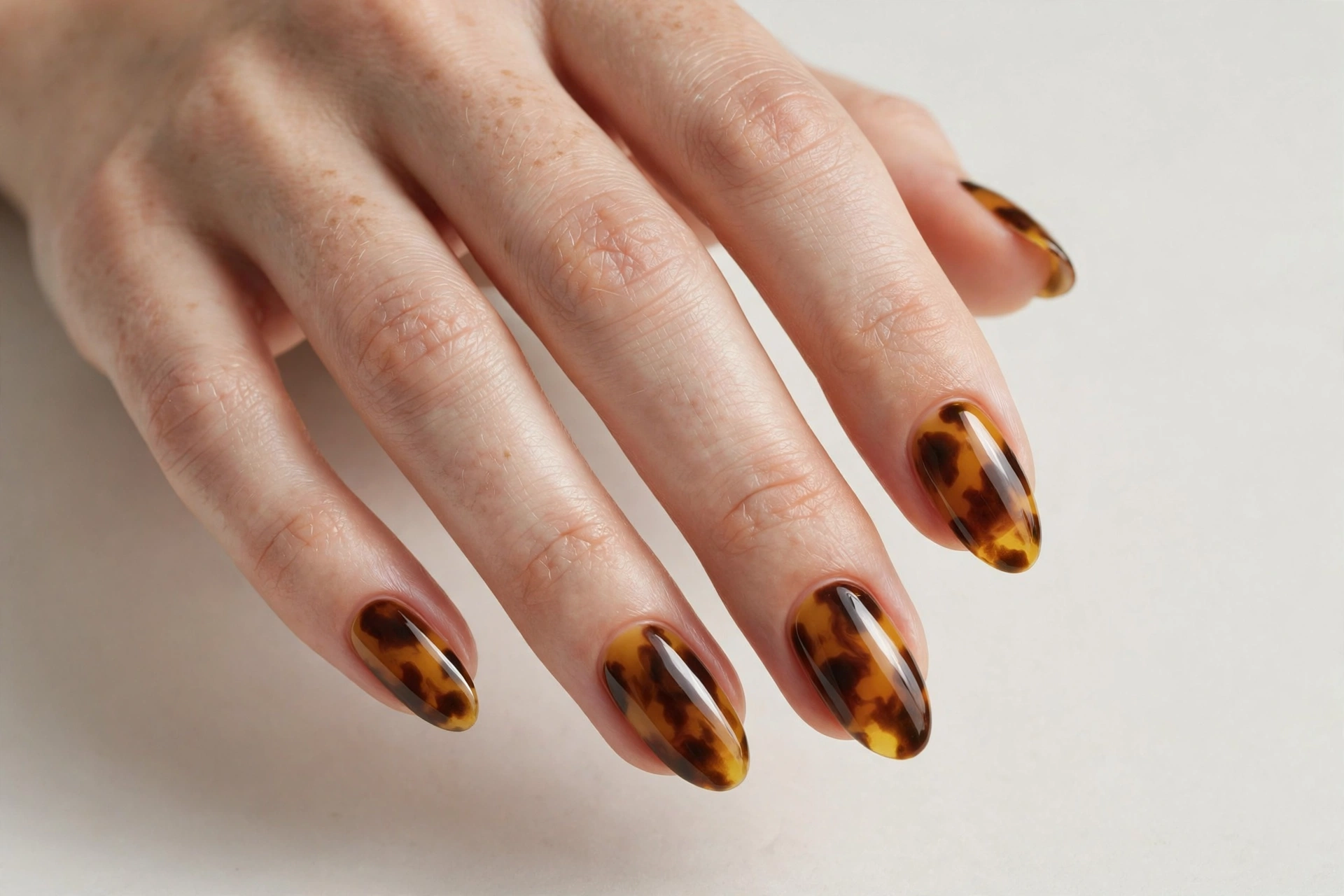 Close-up of a woman's hand with tortoiseshell almond-shaped acrylic nails in amber and brown tones