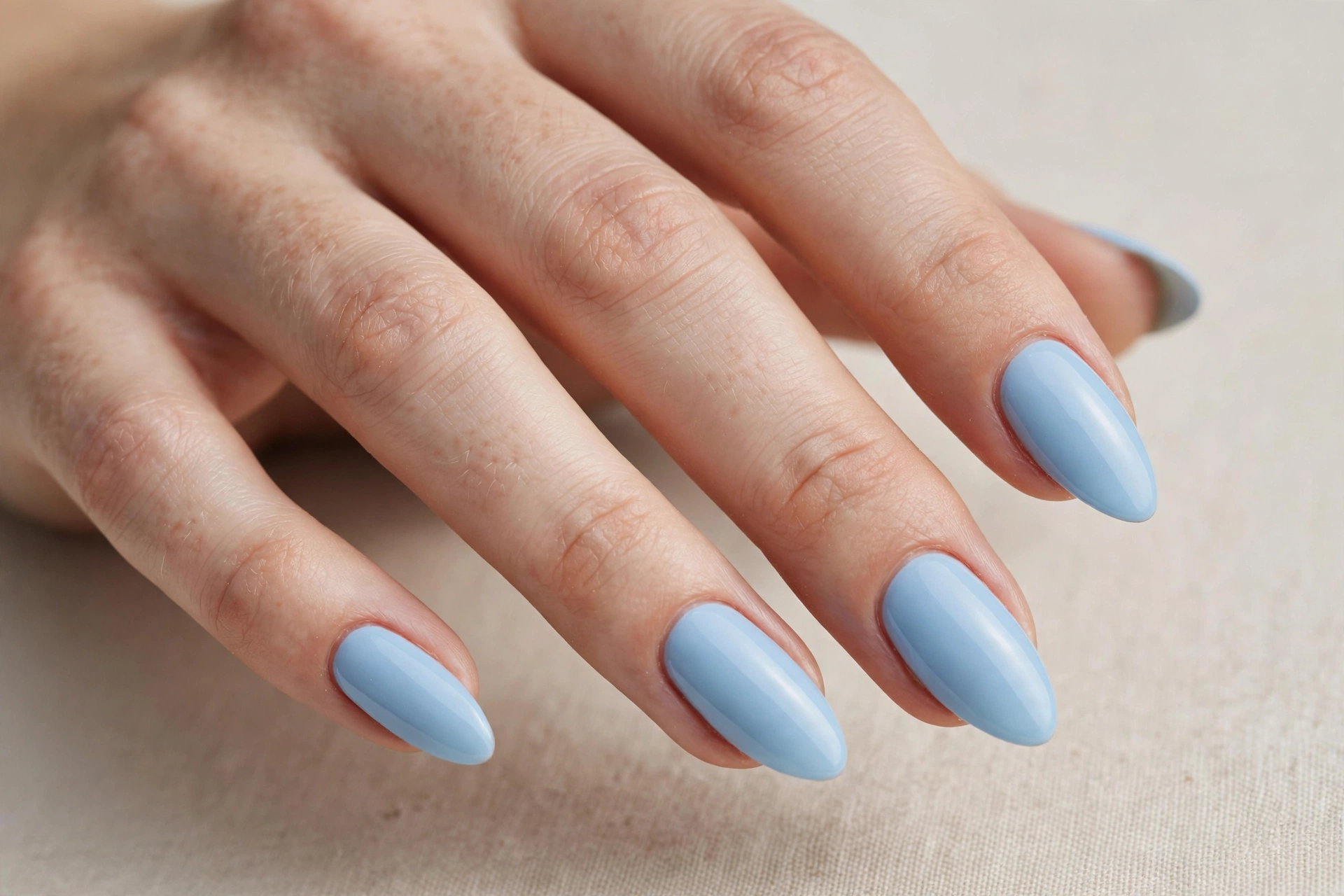 Close-up of a woman's hand with baby blue almond-shaped acrylic nails