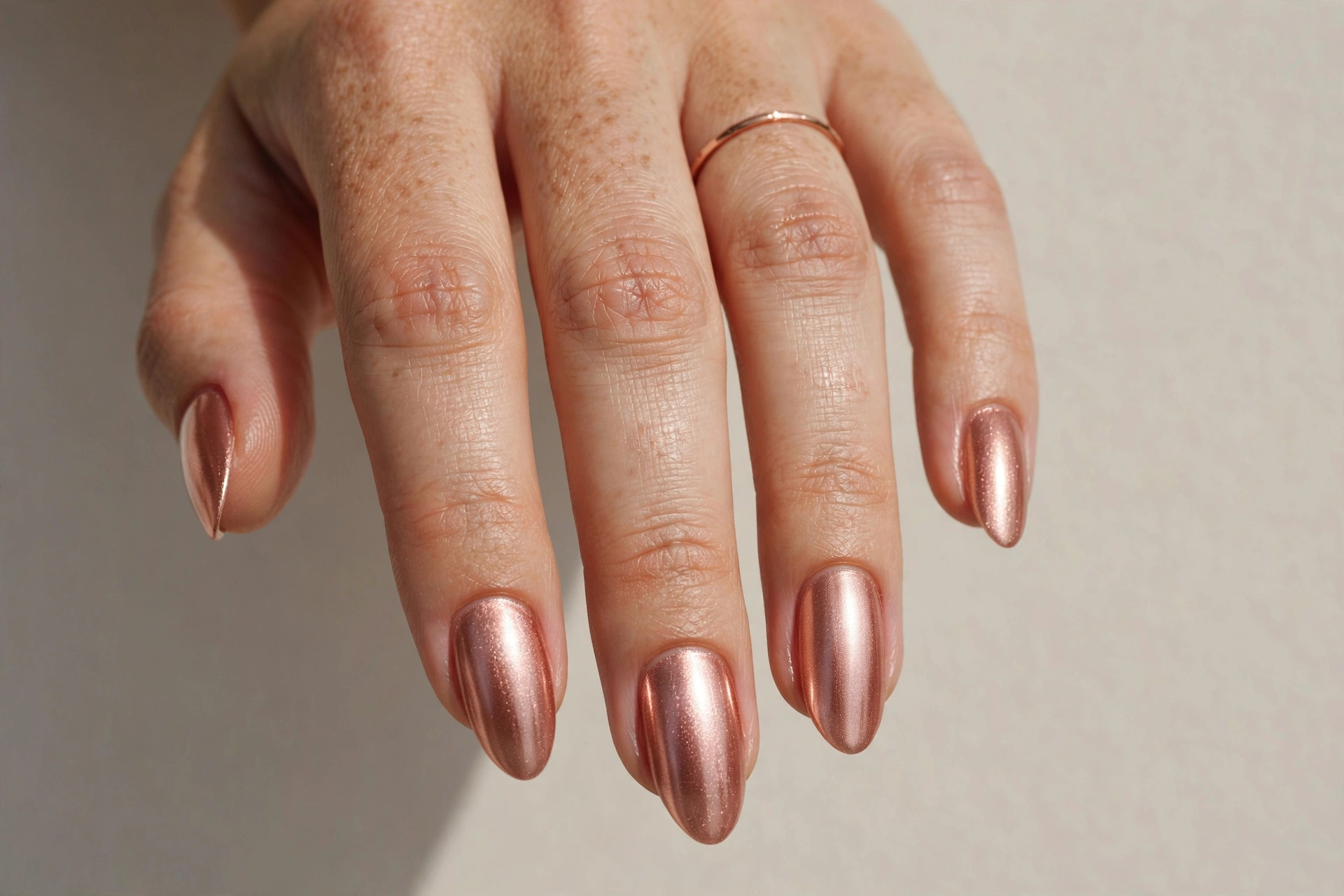 Close-up of a woman's hand with rose gold metallic almond-shaped acrylic nails