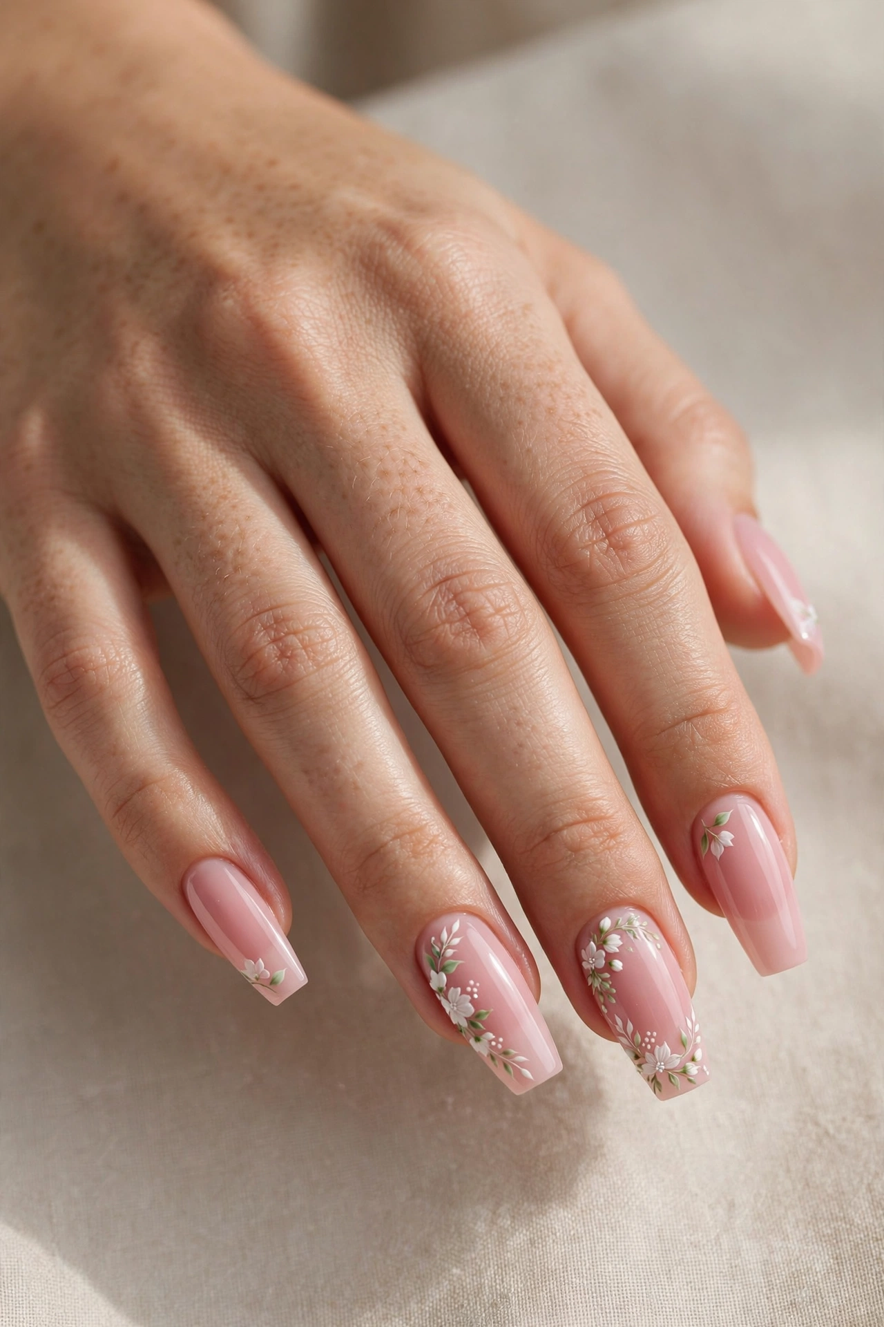 Floral nail art on pink acrylic nails
