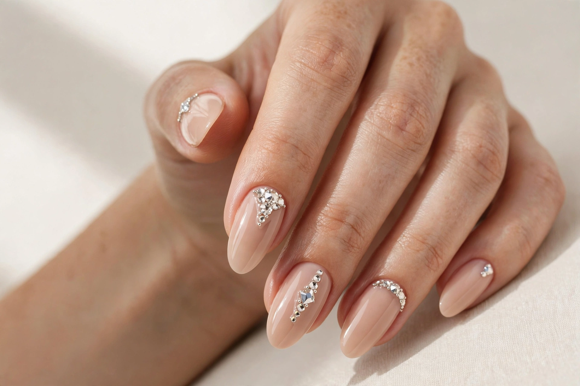 Rhinestone accent on nude acrylic nails